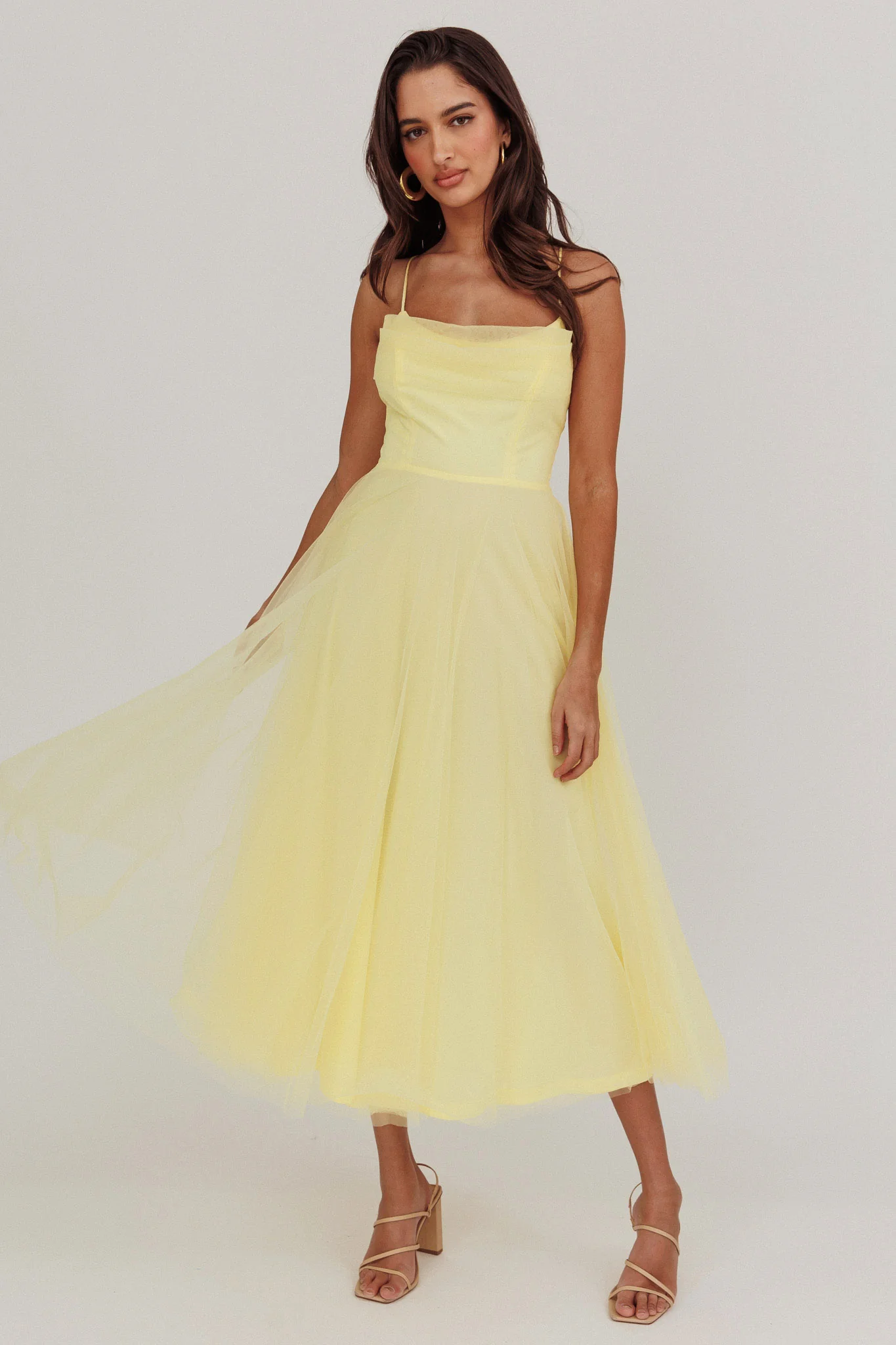 Floating By Pleated Neckline Mesh Midi Dress Yellow