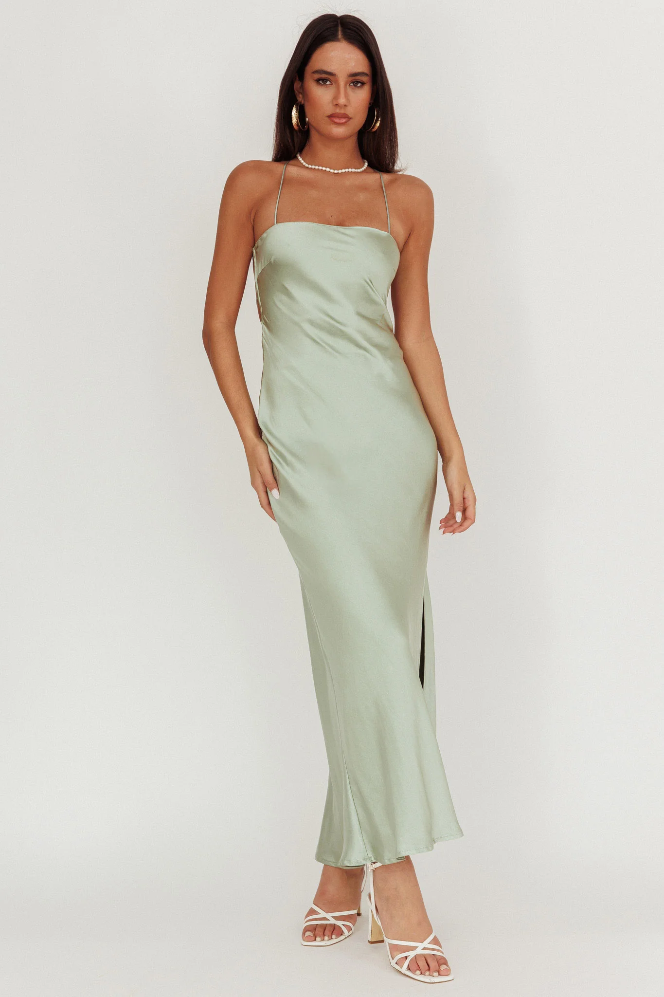 Dolce Life Backless Satin Maxi Dress Sage