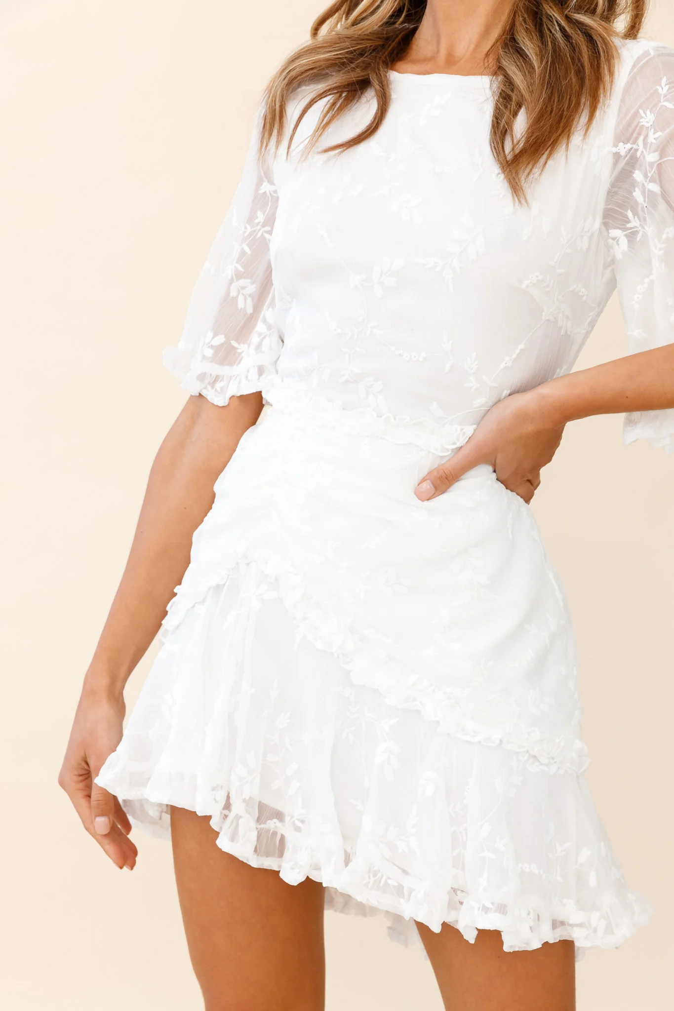 Leona Half Sleeve Frill Trim Dress Leaf Embroidered White