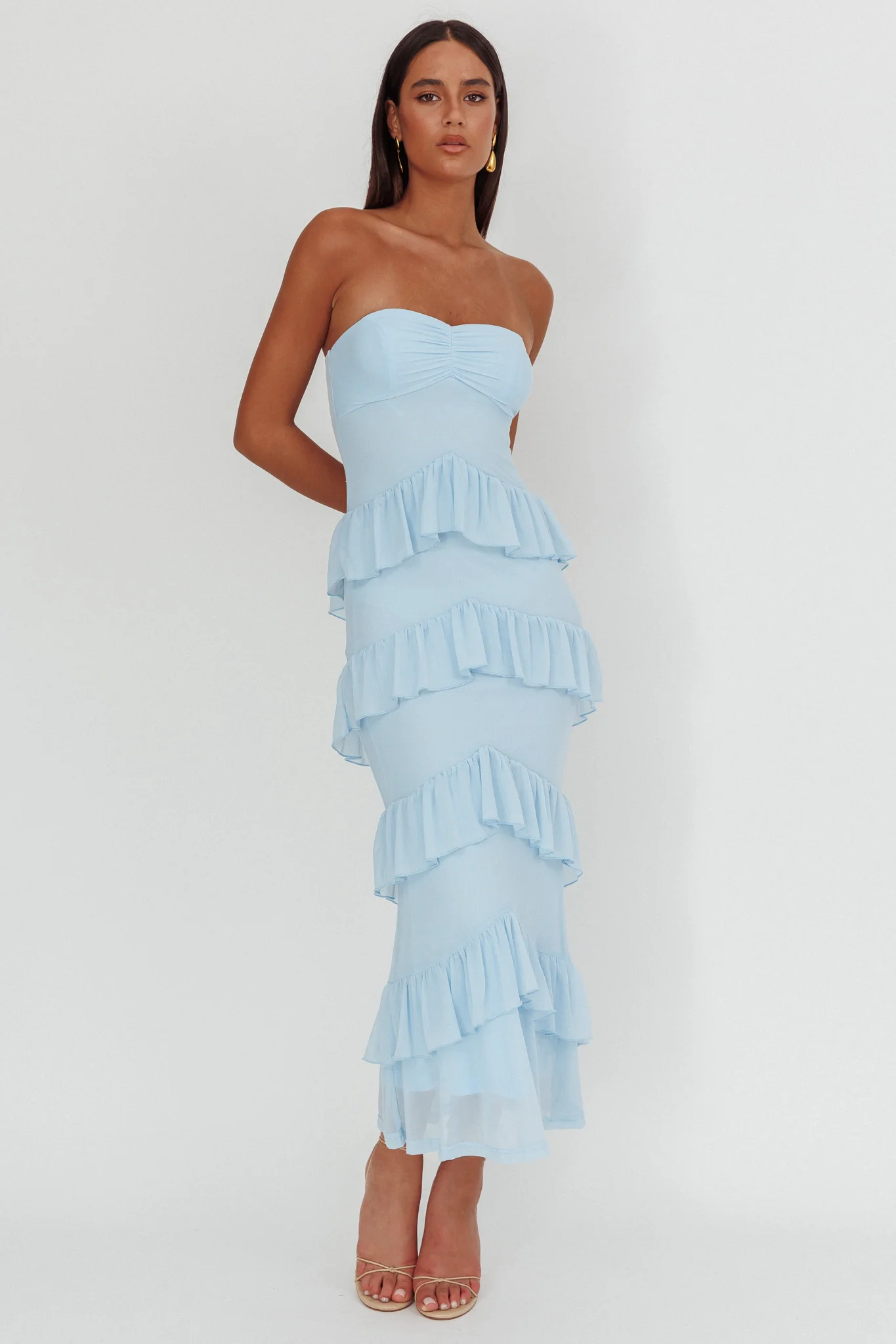 Dulce Dreams Sweetheart Neckline Frill Maxi Dress Blue