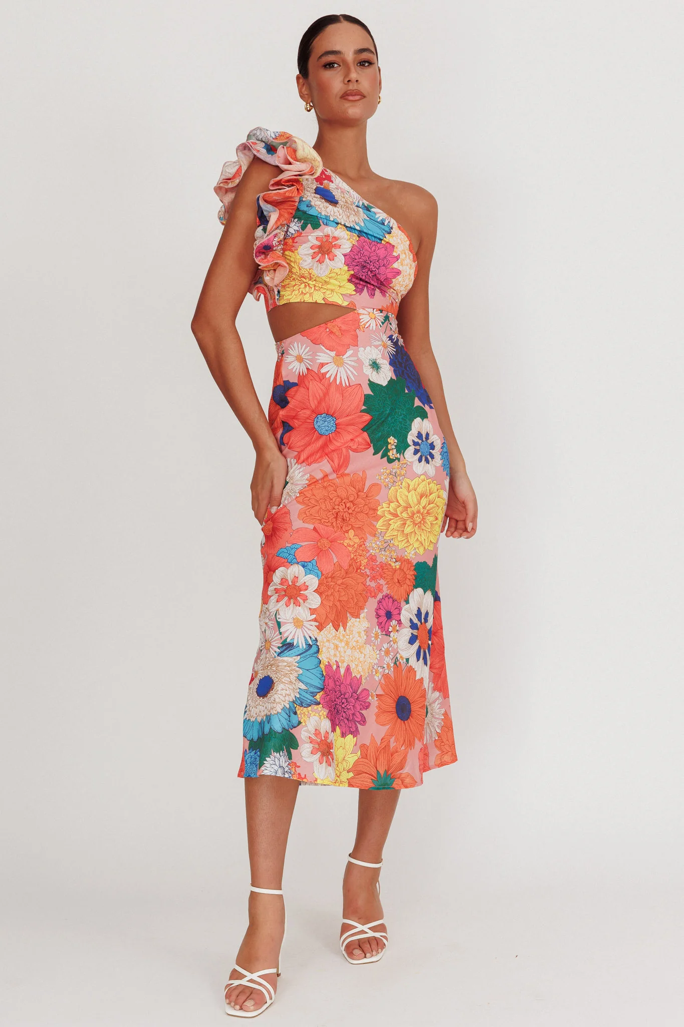 Deanna One-Shoulder Ruffle Floral Maxi Dress Orange