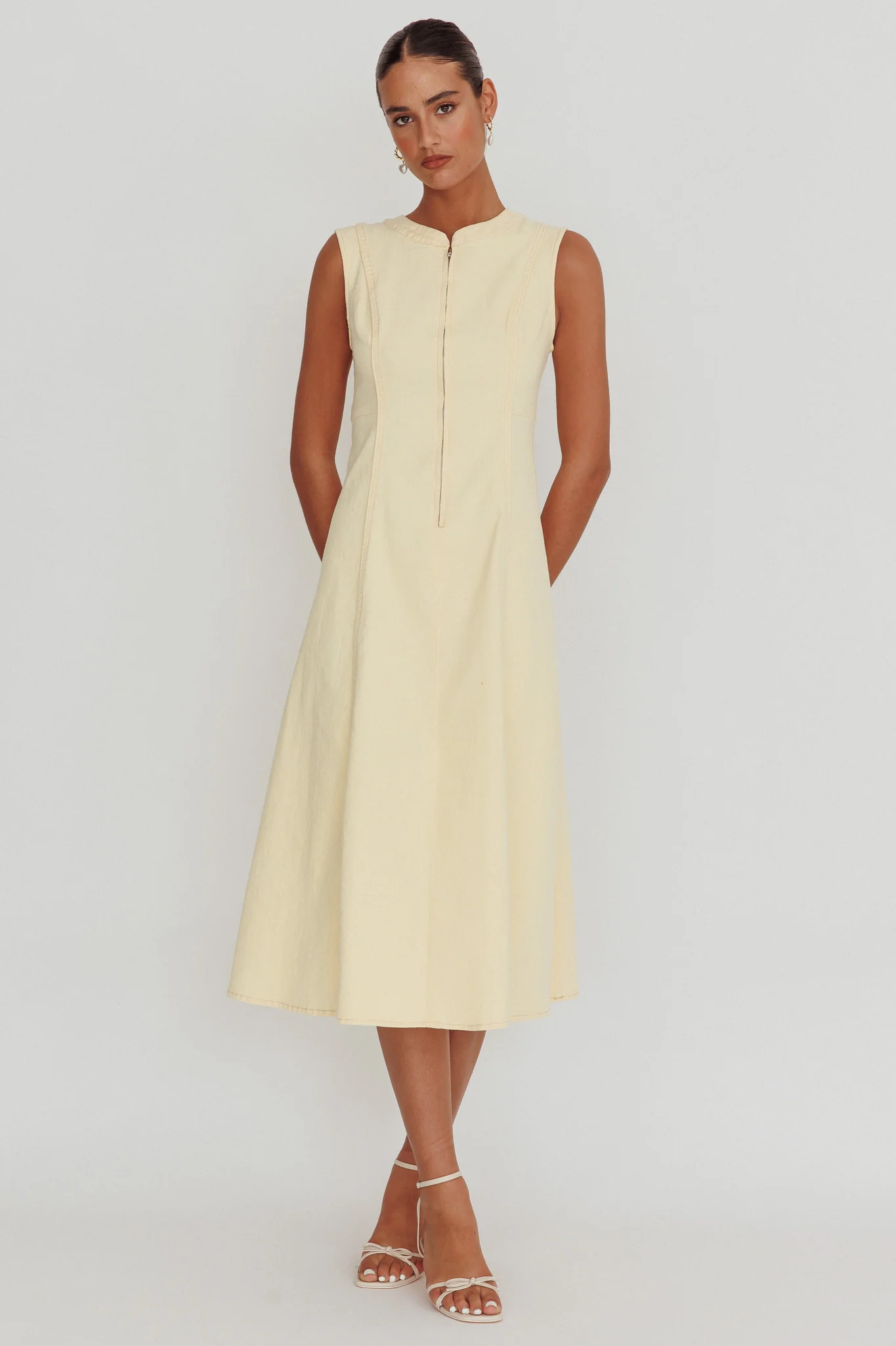 Passionate Flame Sleeveless A-line Midi Dress Beige