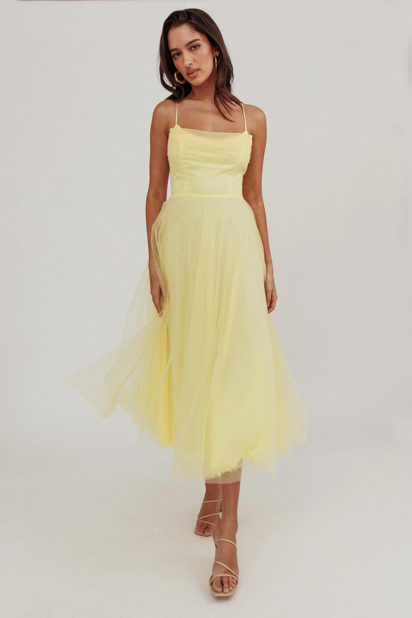 Floating By Pleated Neckline Mesh Midi Dress Yellow