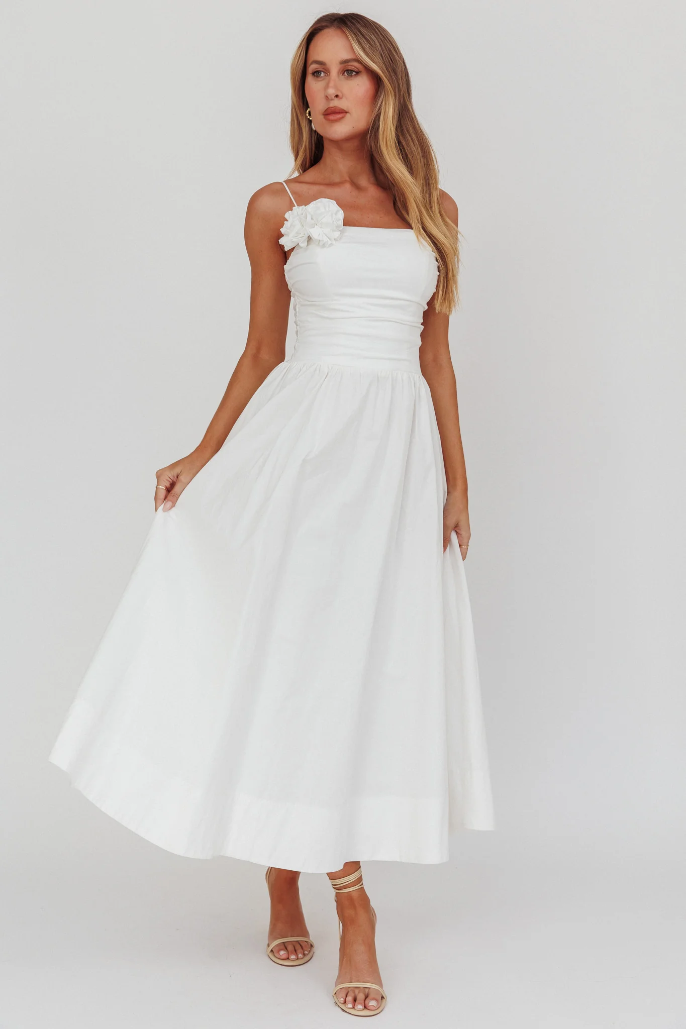 Ezrah A-Line Rosette Maxi Dress White