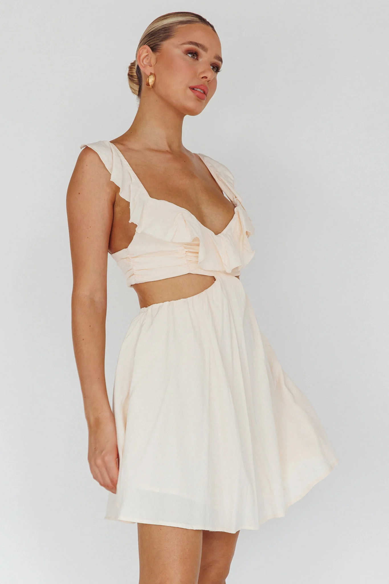 Revel Ruffle Trim Cut-Out Waist Dress Ivory