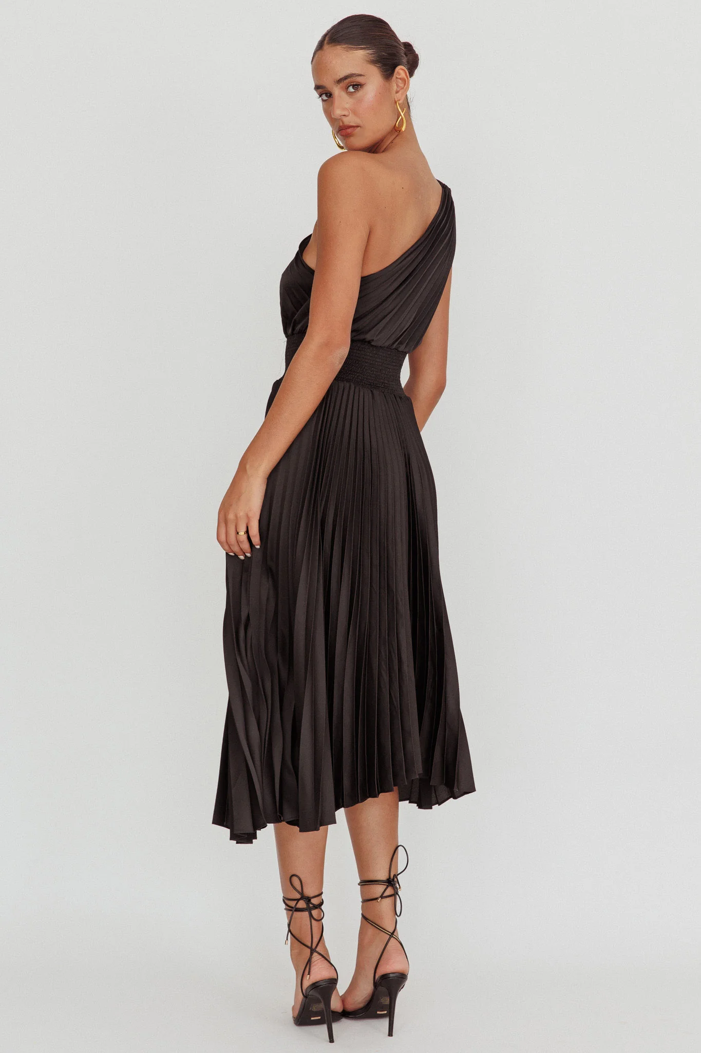 Calissa One Shoulder Pleated Midi Dress Black