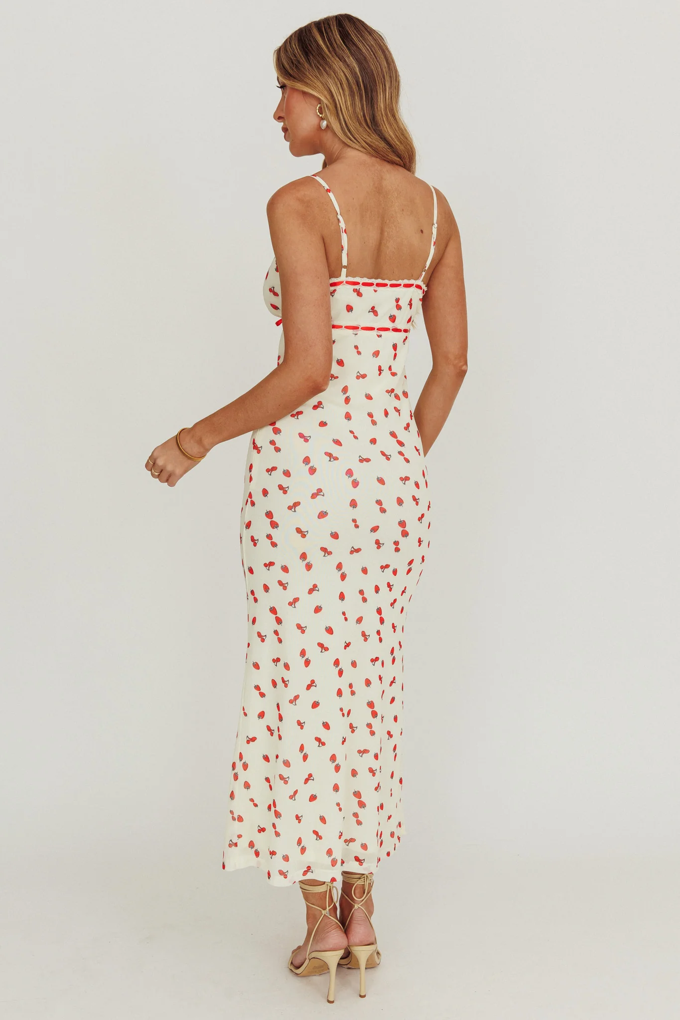 Heart Ablaze Strawberry Cherry Print Midi Dress Cream