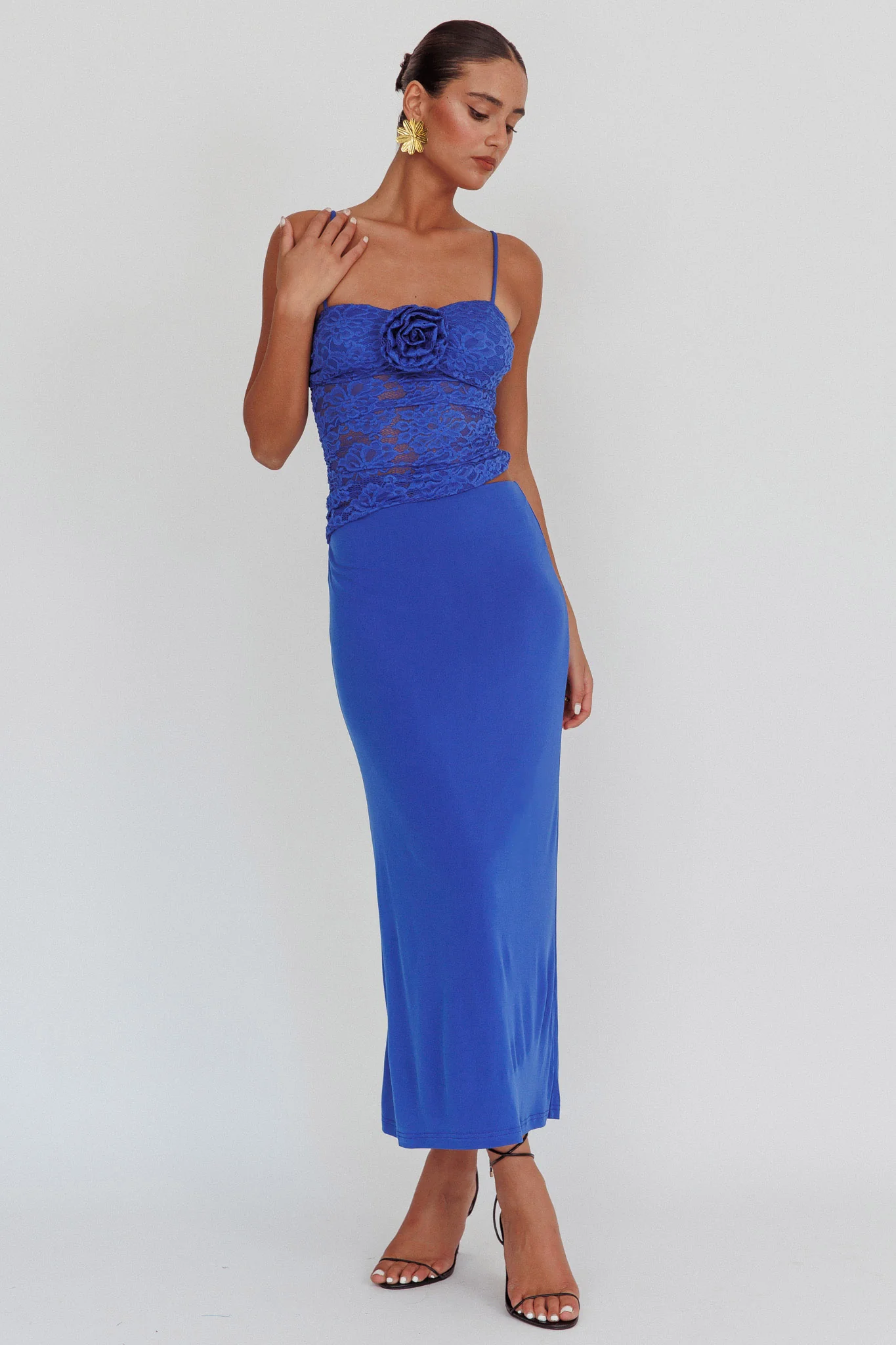 Lorely Lace Rosette Maxi Dress Top Blue