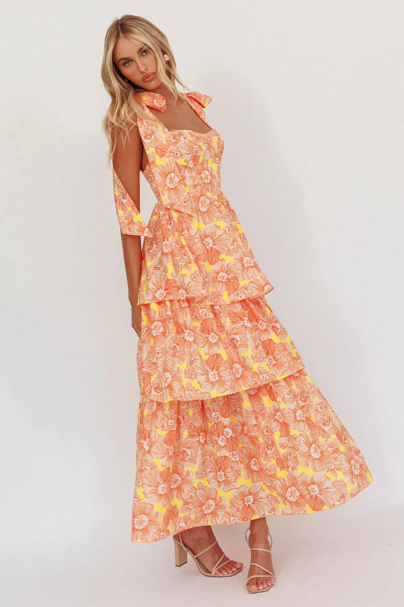 Arlowe Tied Shoulder Tiered Midi Dress Floral Orange