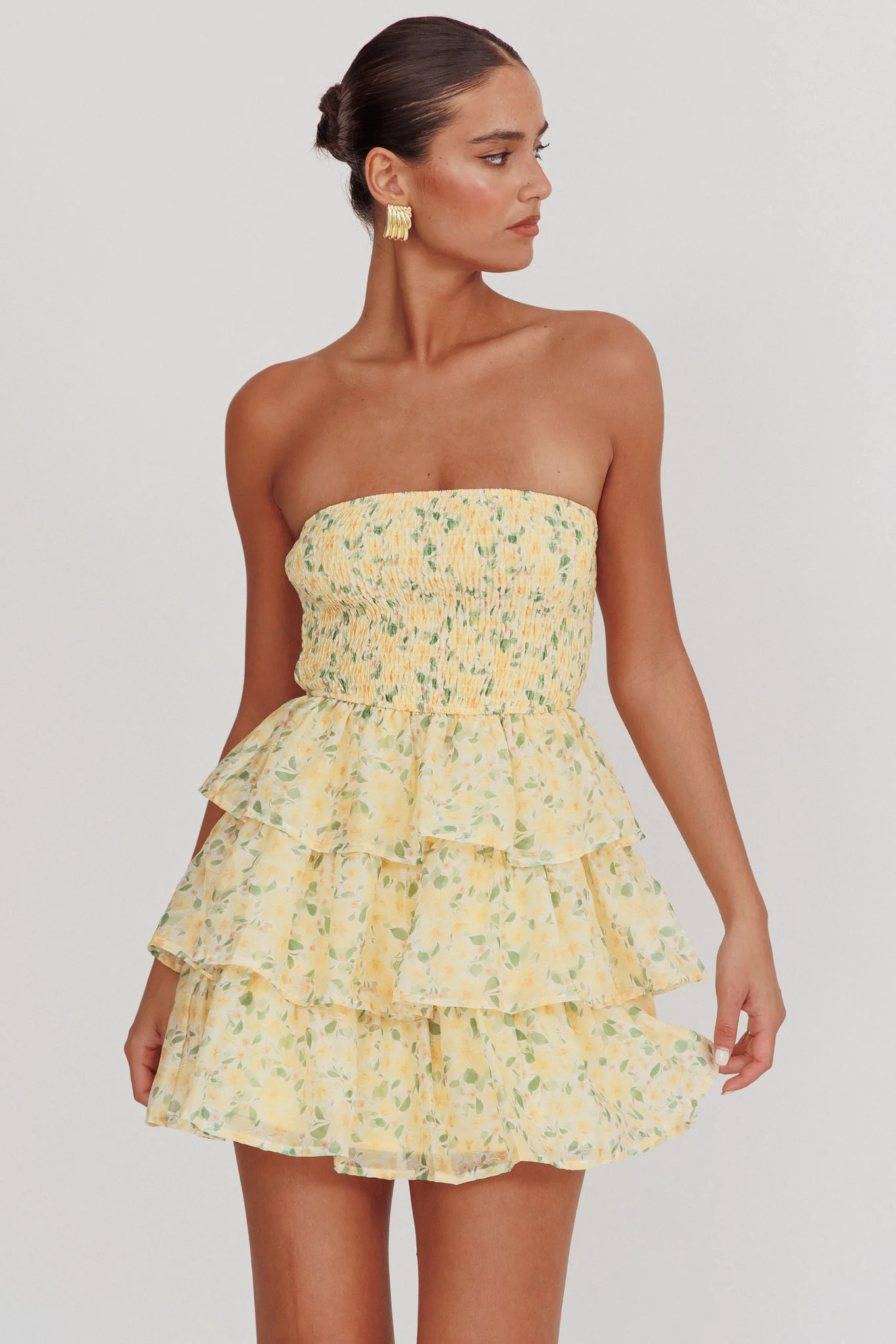 Like Angels Shirred Bodice Ruffle Mini Dress Yellow