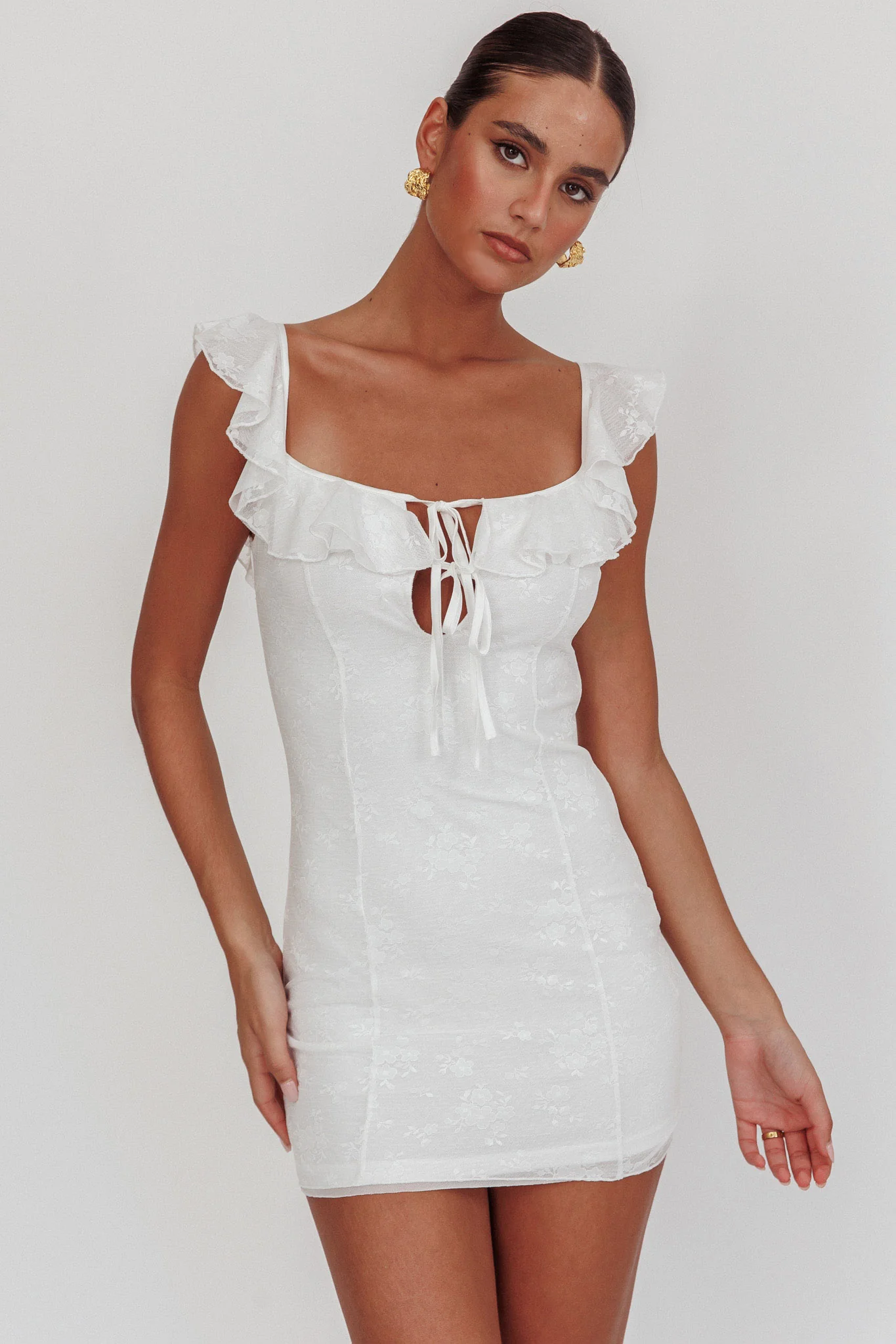 Sweet Saturday Tied Bust Ruffle Mini Dress White