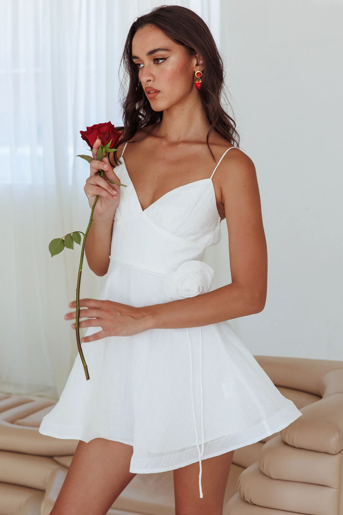 Kalinda Rose Accent Mini Dress Crepe White