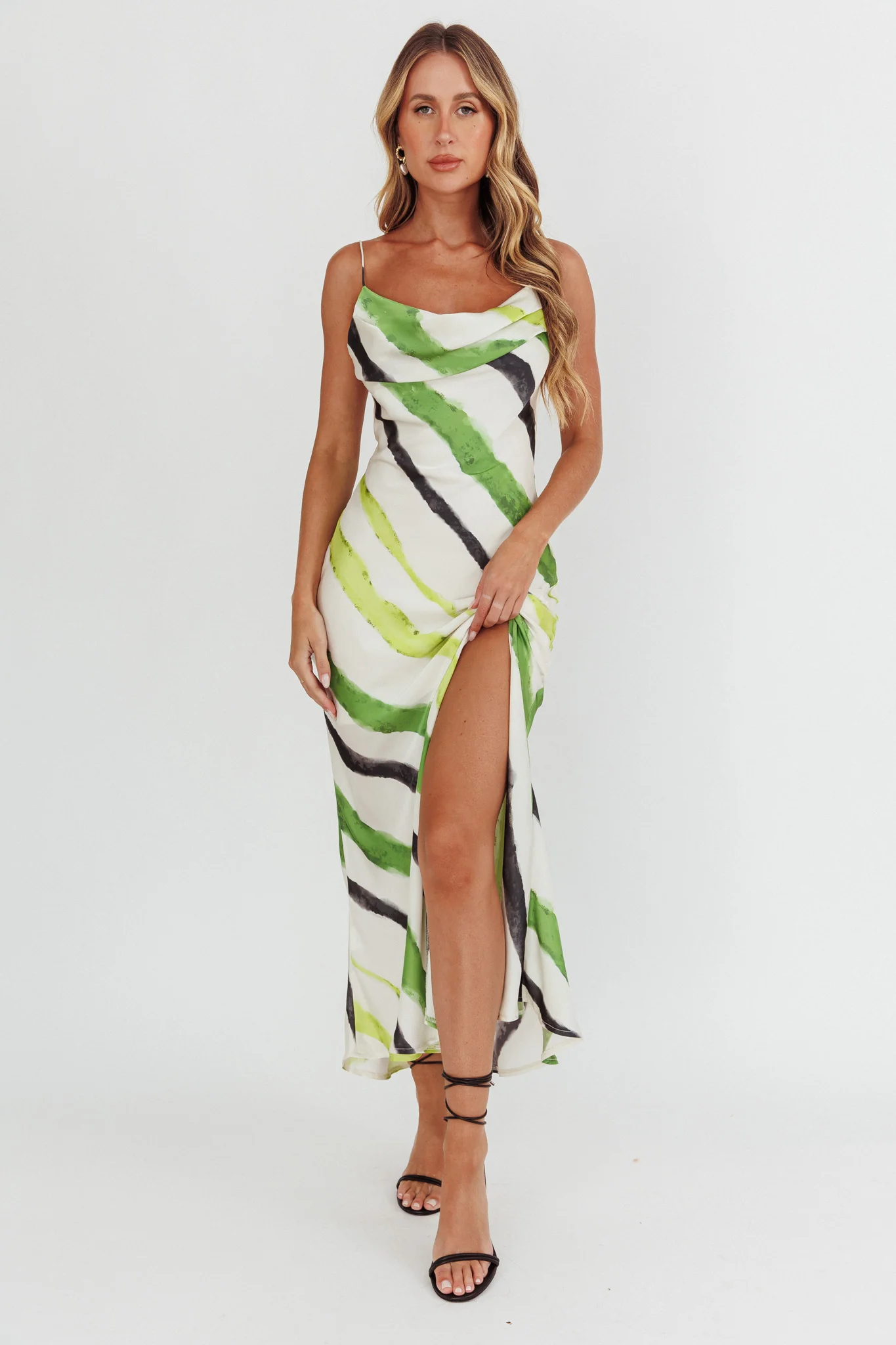 Blondine Cowl Bust Split Maxi Dress Green