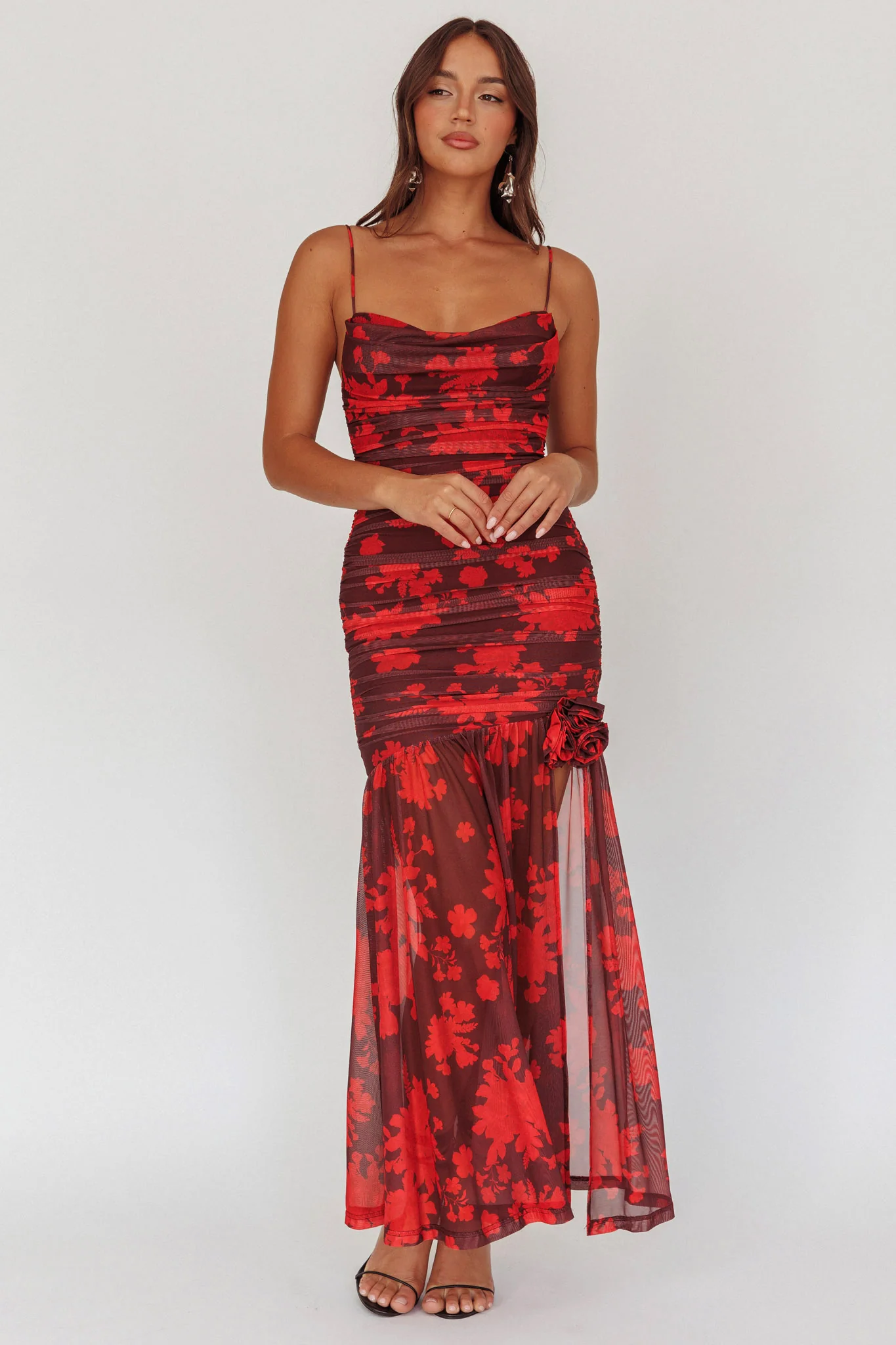 Stole The Show Ruched Mesh Maxi Dress Floral Red