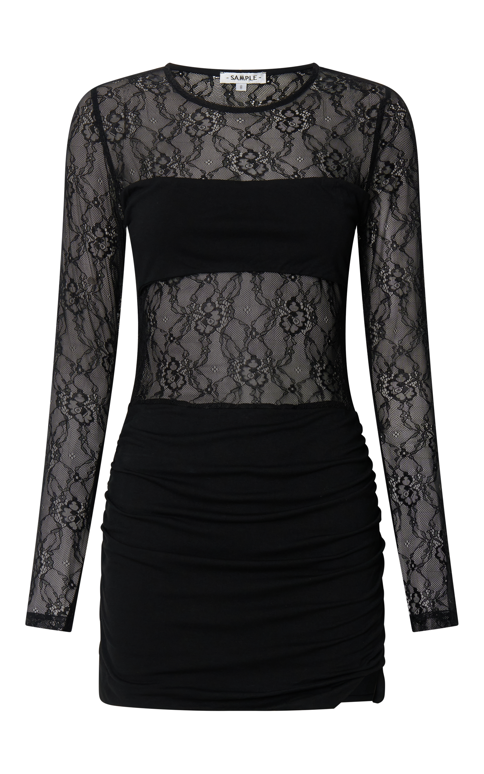 Imelda Mini Dress - Contrast Lace Long Sleeve Ruched Bodycon Dress in Black