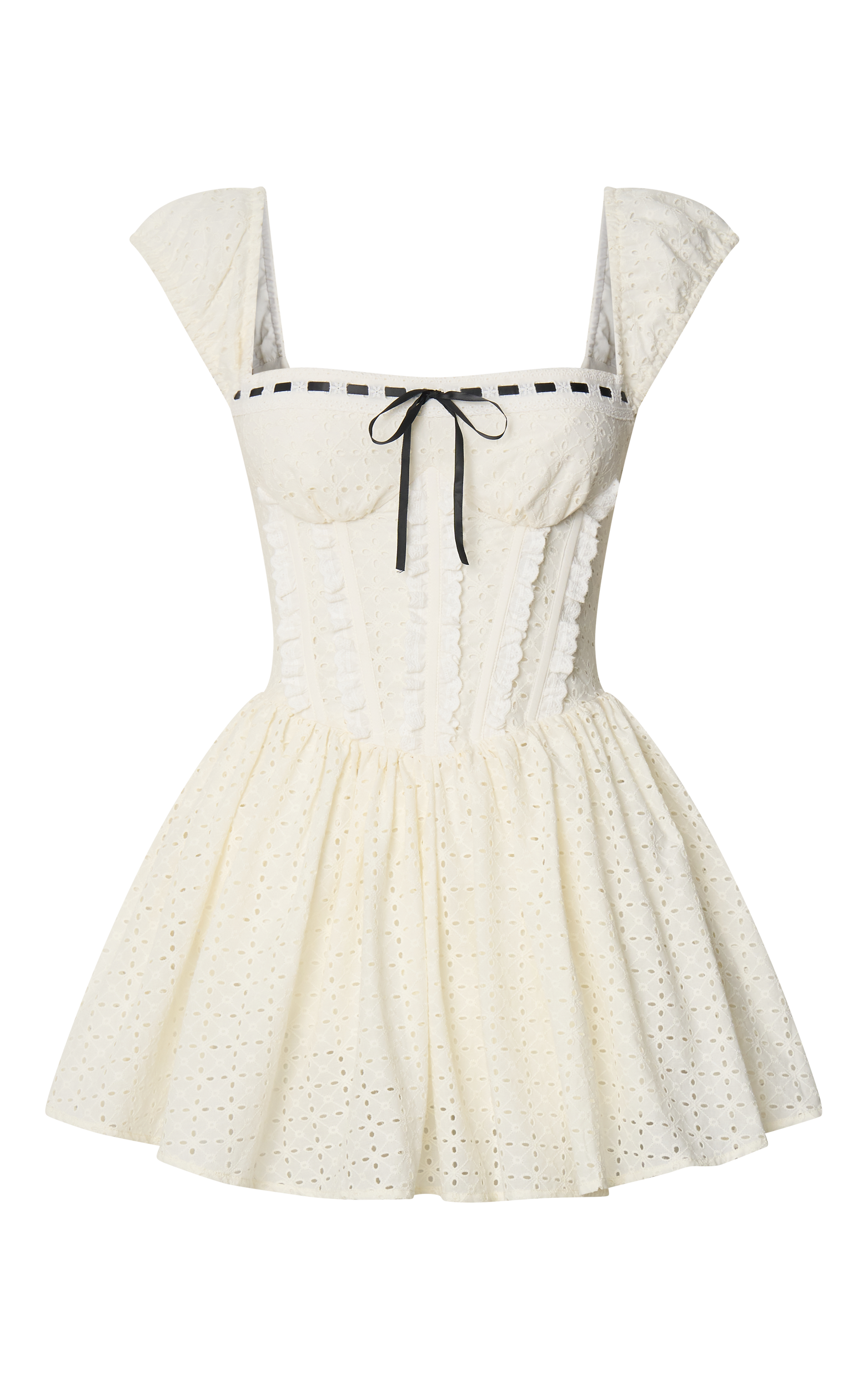 Chester Mini Dress - Cap Sleeve Corset Waist Fit And Flare Broiderie Dress in White