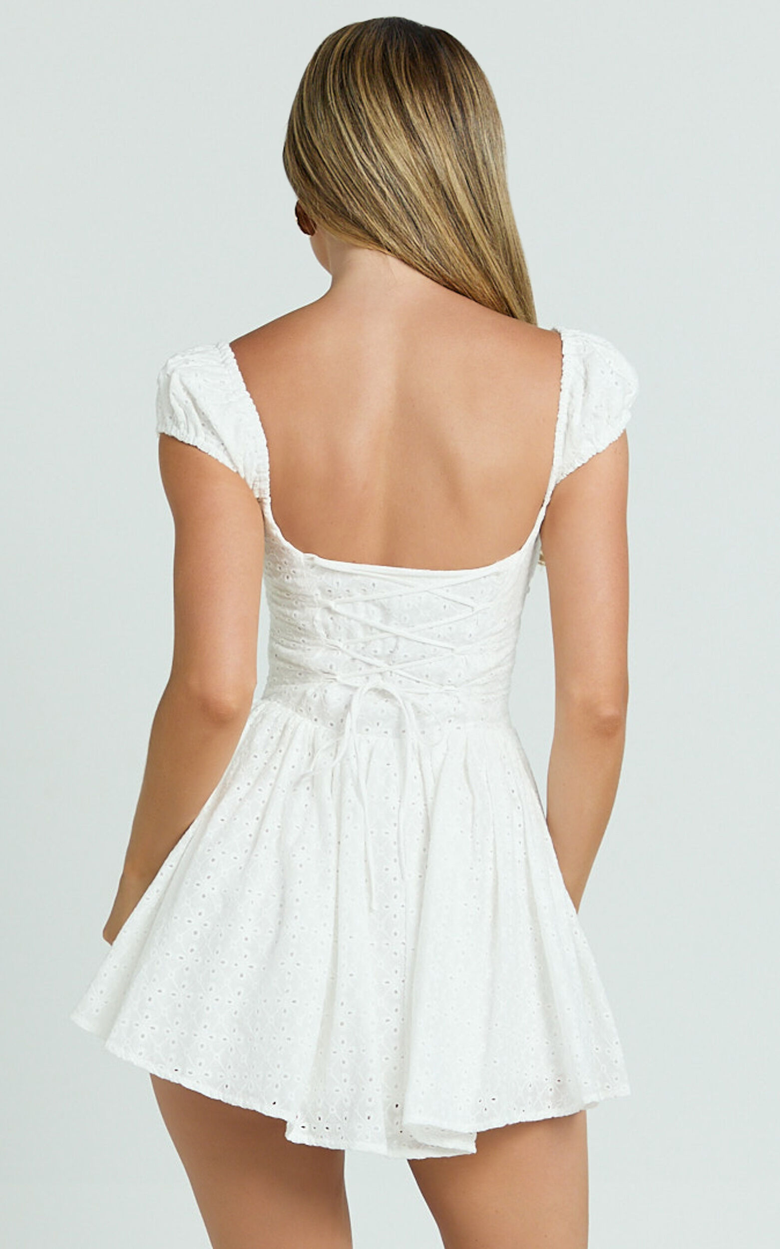 Chester Mini Dress - Cap Sleeve Corset Waist Fit And Flare Broiderie Dress in White