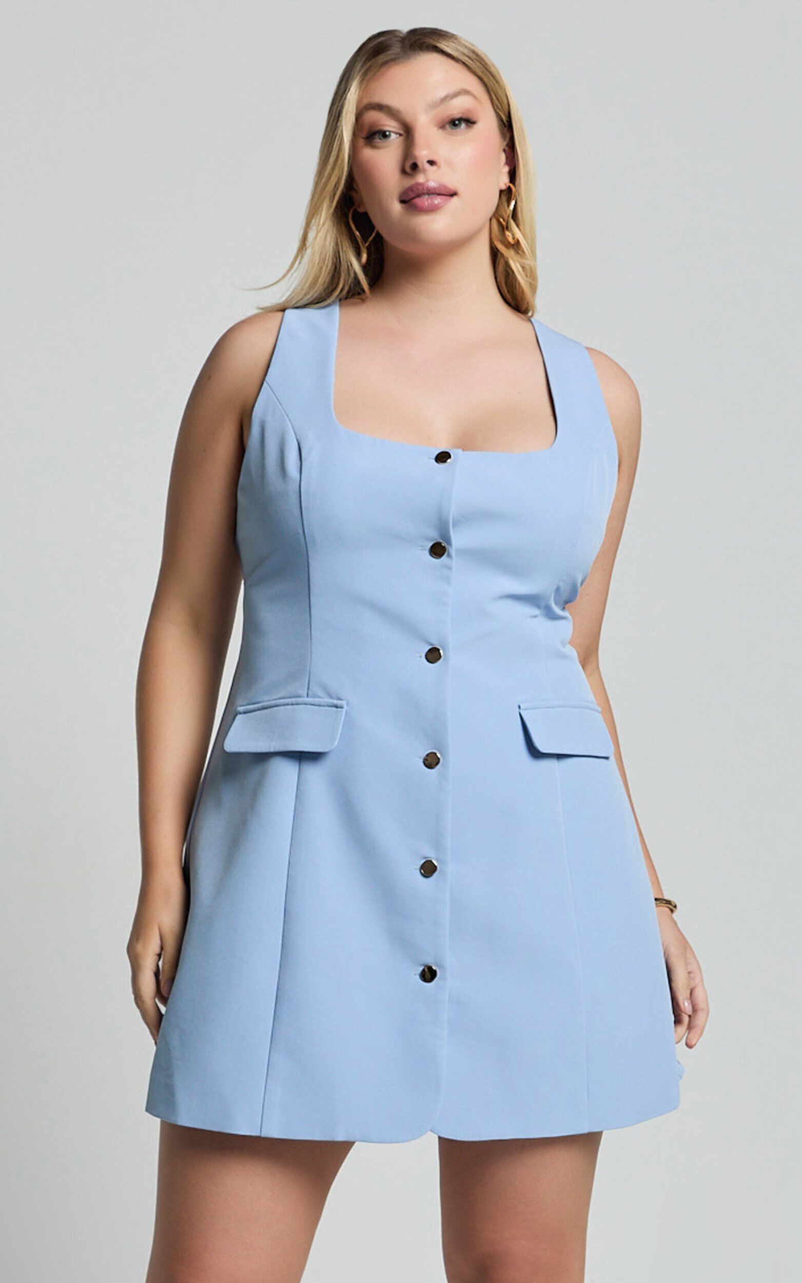 Kenna Mini Dress - Square Neck Button Down Mini Dress in Powder Blue