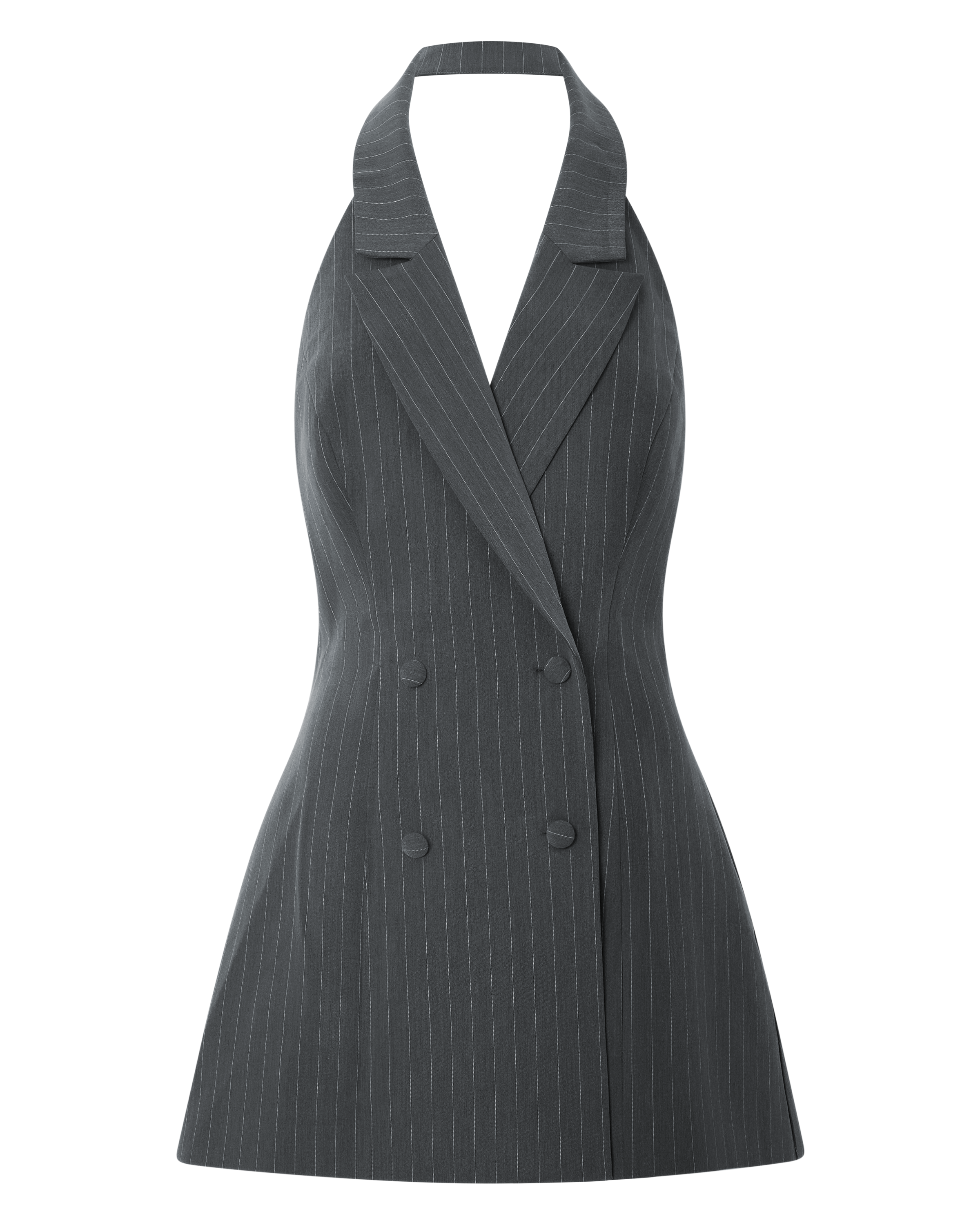 Emily Mini Dress - Pinstripe Collared Halter Double Breasted Workwear Dress in Dark Grey