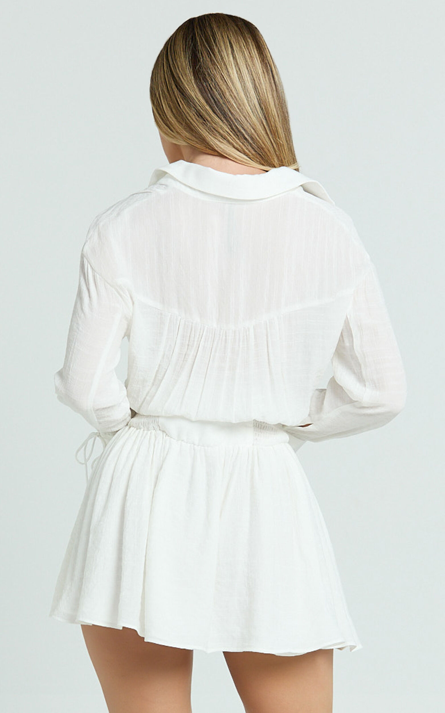 Valerie Mini Dress - Collared Long Sleeve Corset Waist Shirt Dress in White