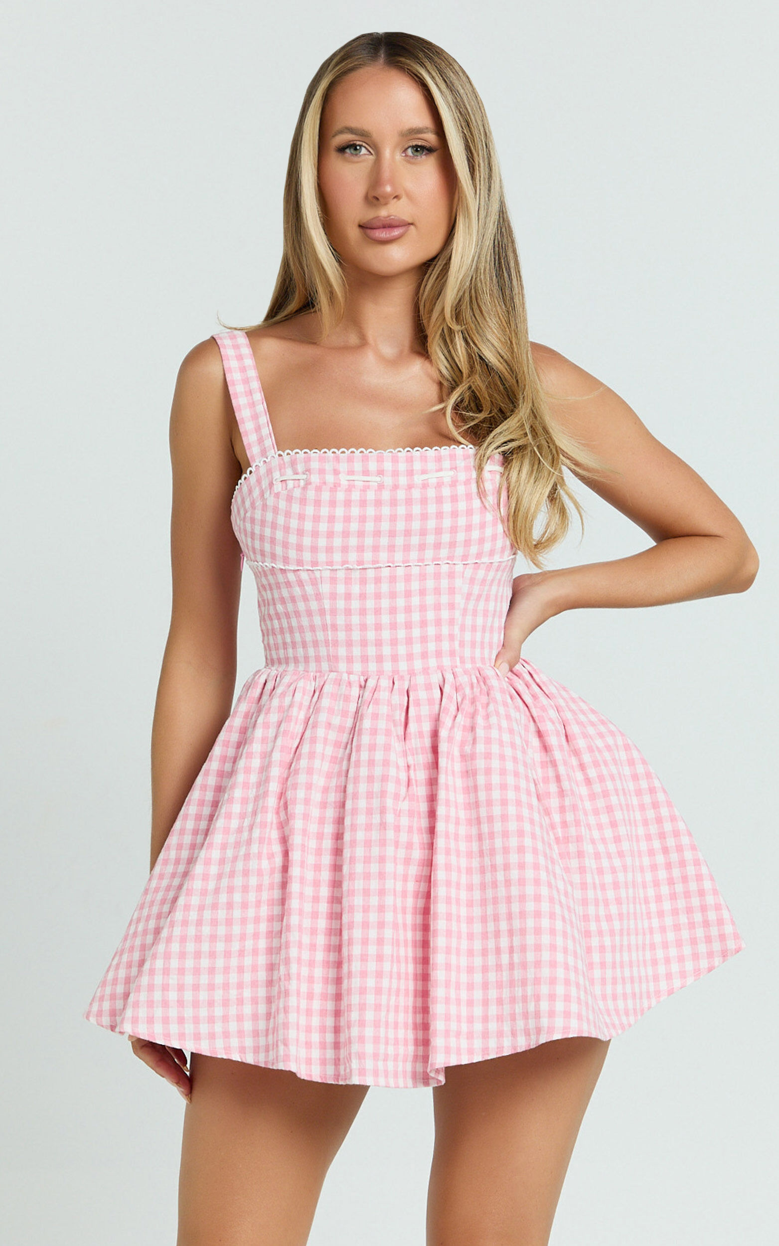 Caitlin Mini Dress - Gingham Square Neck Fit And Flare Dress in Pink