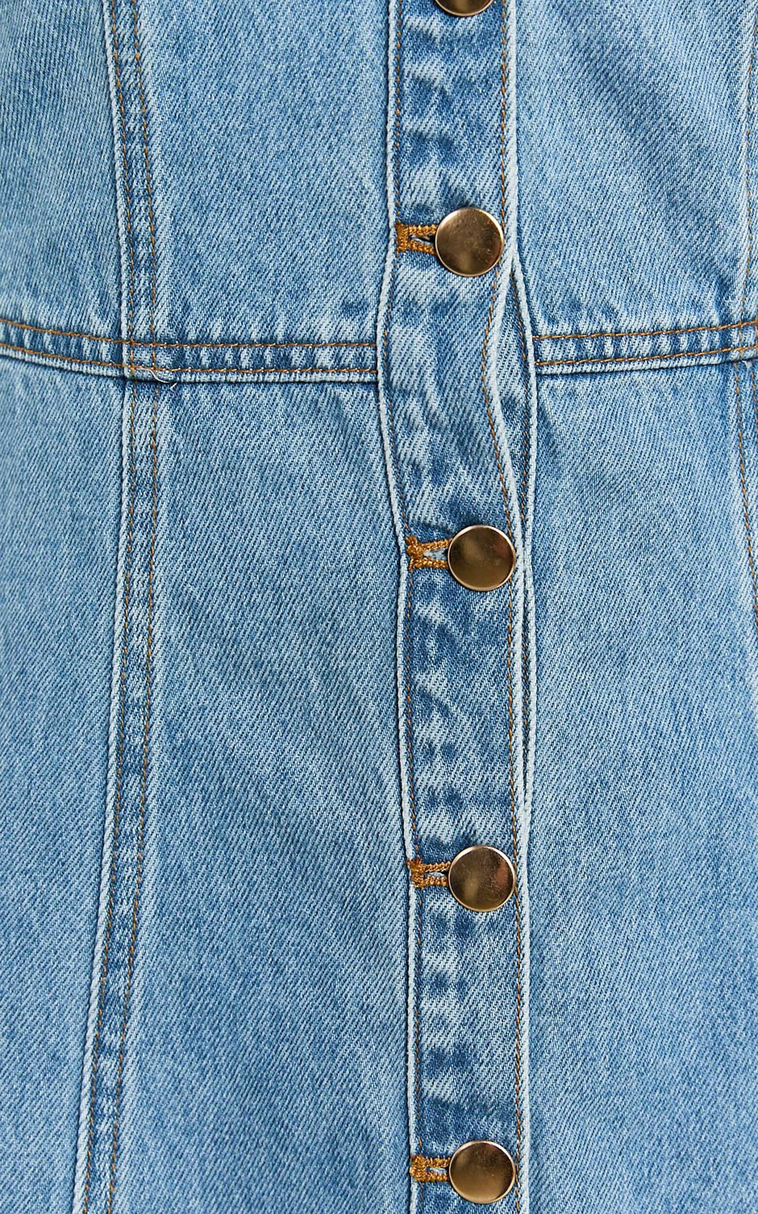 Alena Mini Dress - Sweetheart Button Down Sleeveless Bodycon Denim Dress in Mid Blue Wash