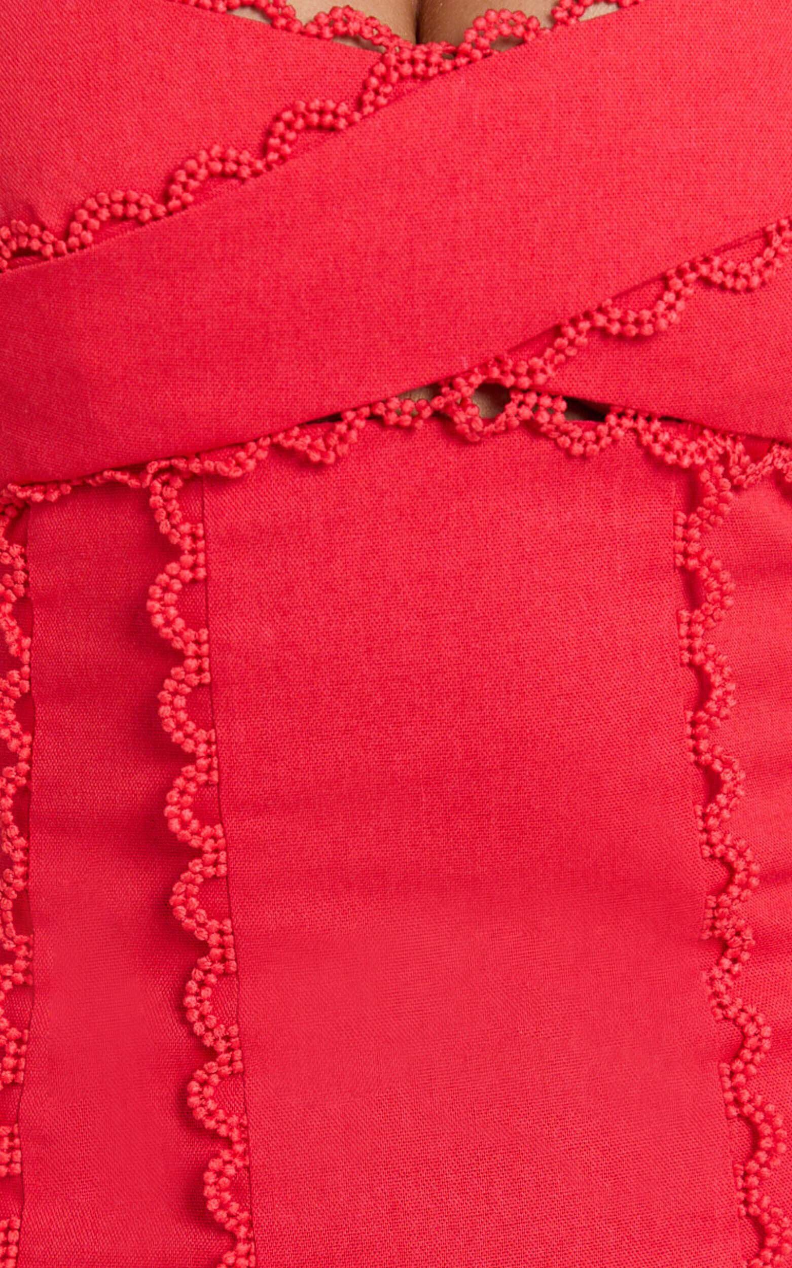 Gigi Mini Linen Dress - Sweetheart Tie Back Scallop Detail Dress in Red