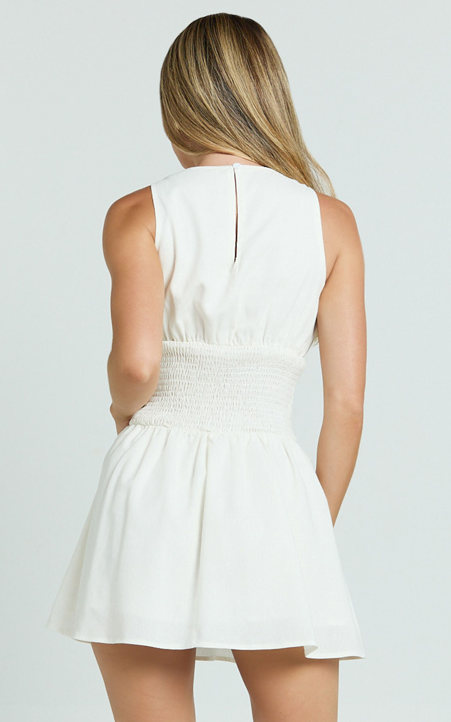 Fhelley Mini Dress - Shirred Waist Dress in White