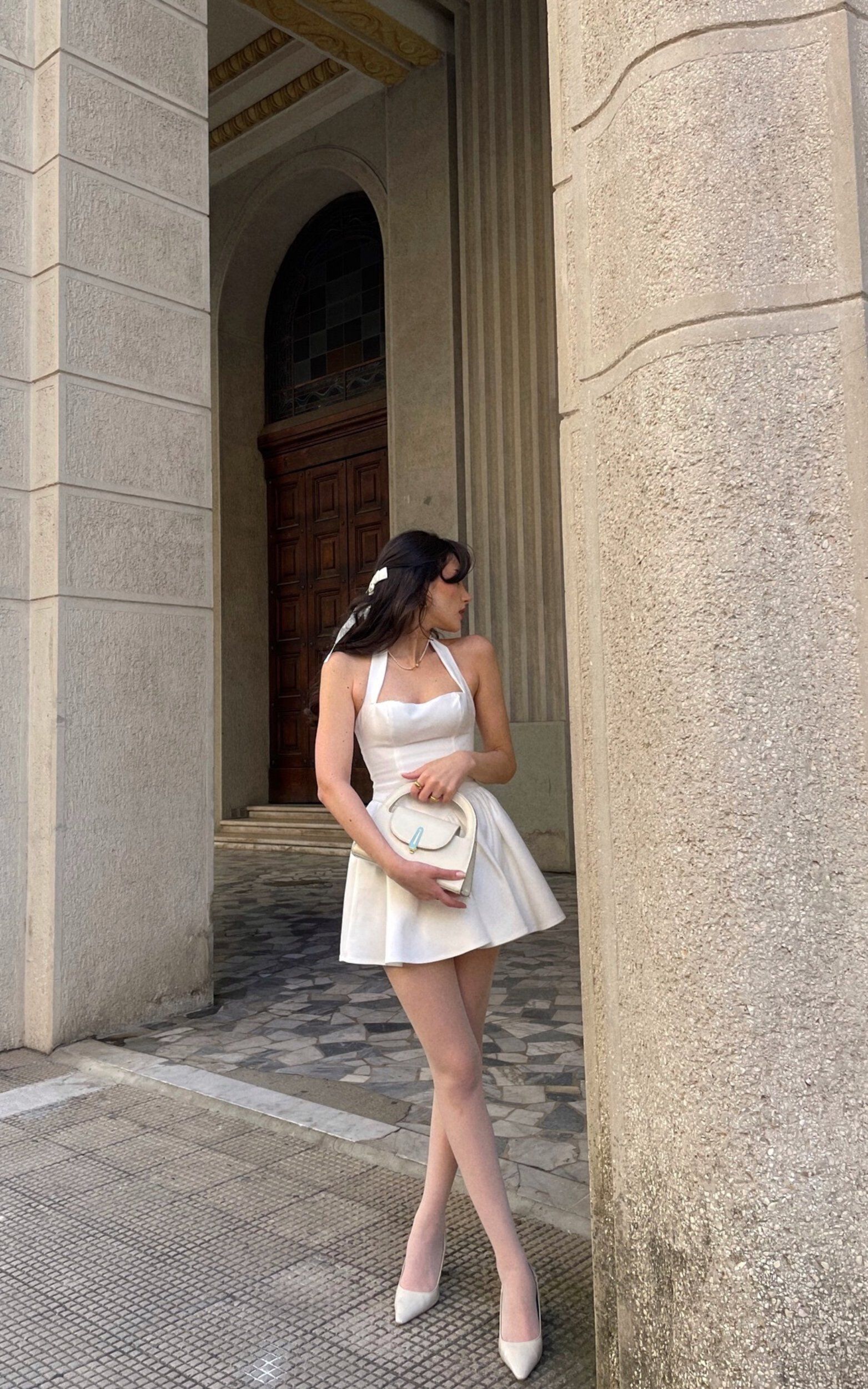 Helda Mini Dress - Halter Tie Neck Corset Panel Dress in White