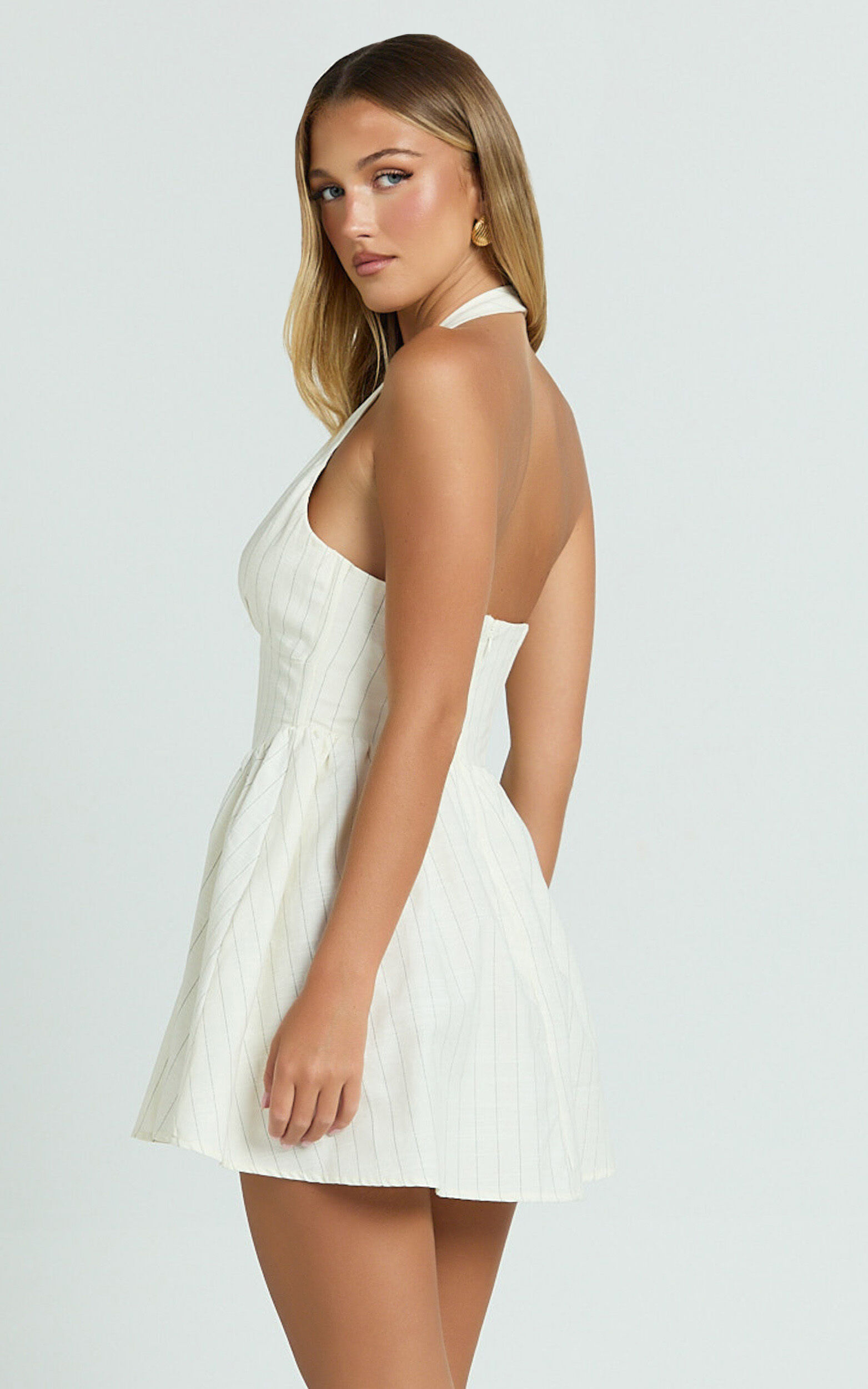 Raina Mini Dress - Halterneck Corset Waist Gathered Skirt Dress in Cream