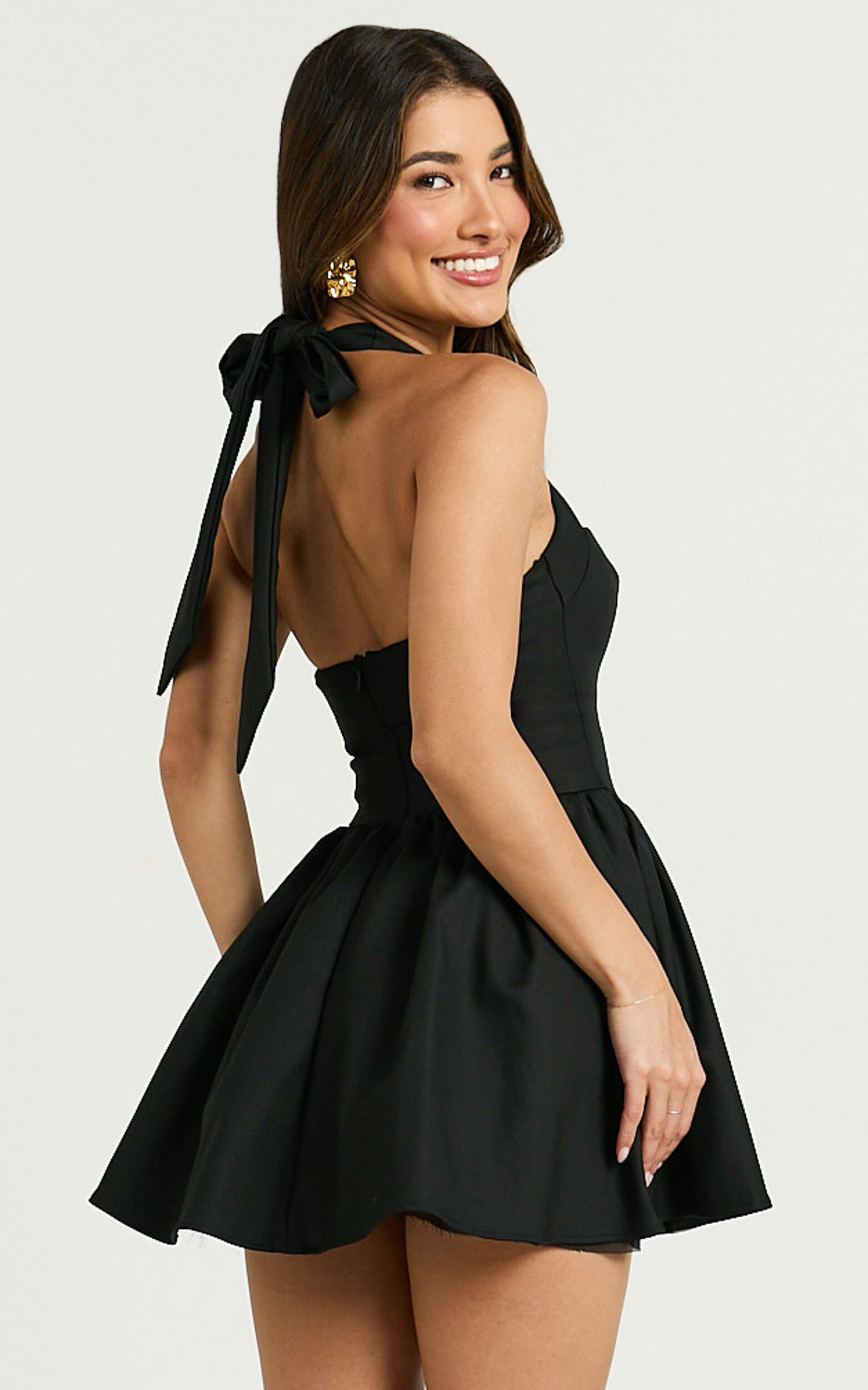 Helda Mini Dress - Halter Tie Neck Corset Panel Dress in Black