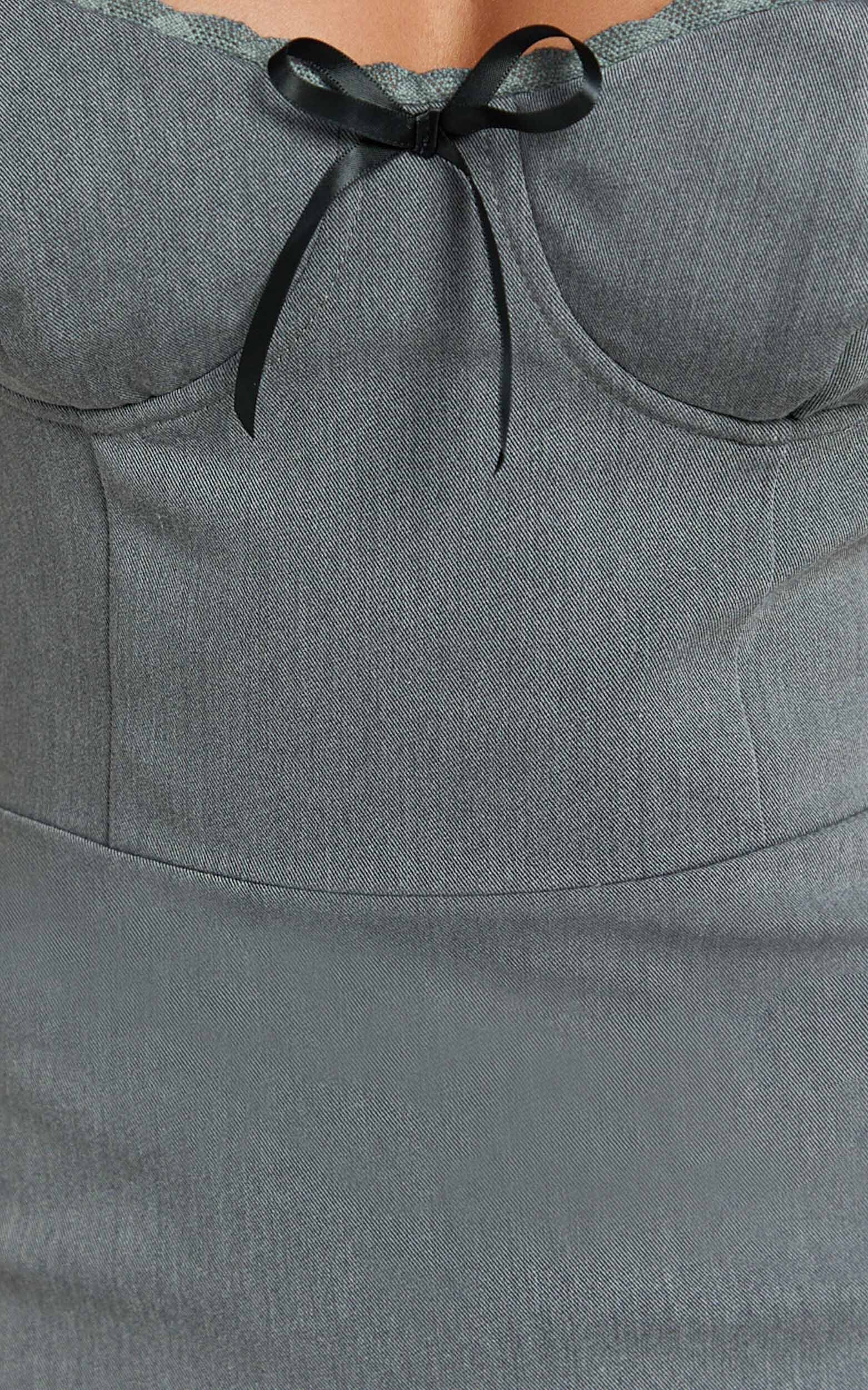 Tara Mini Dress - Lace Trim Sweetheart Neck Fitted Dress in Grey