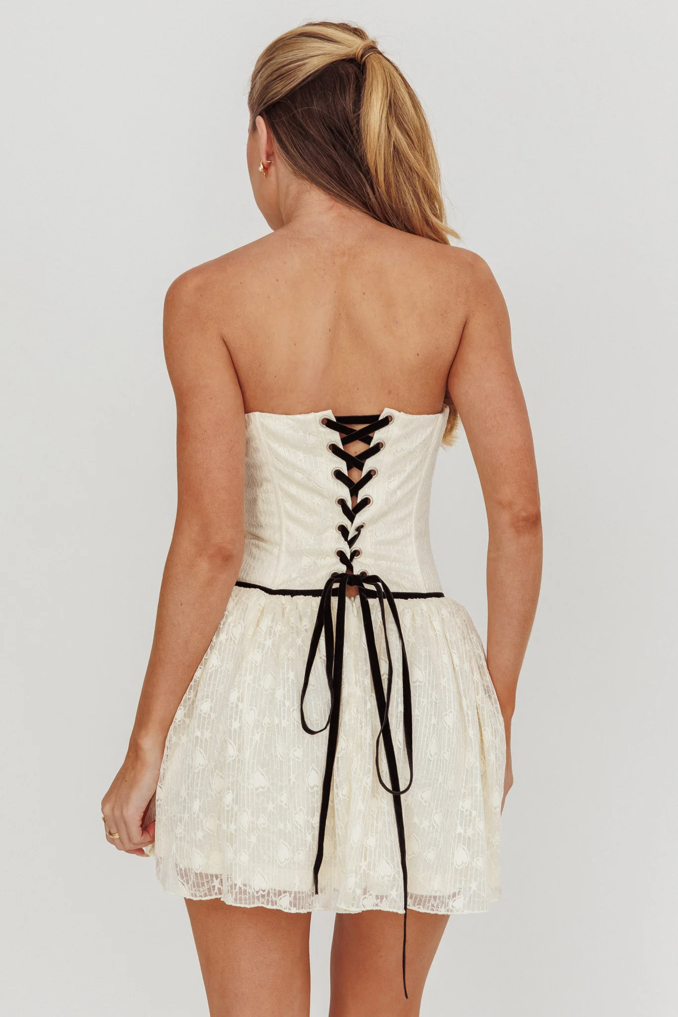 Breathe Lace Up Strapless Mini Dress Ivory