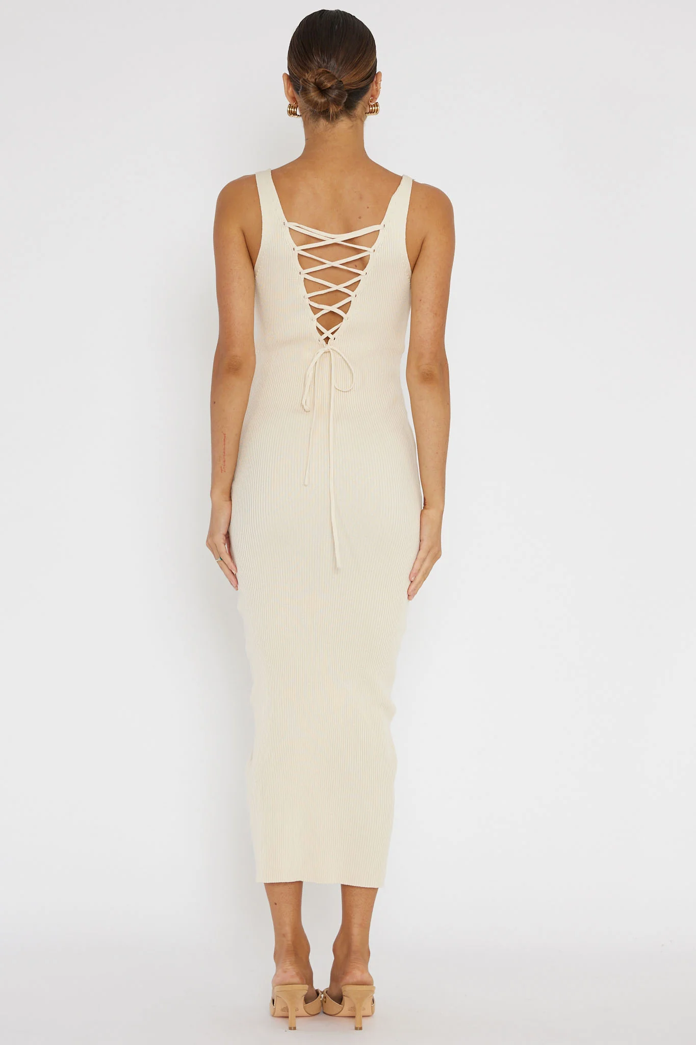 Linzi Lace-Up Back Knit Midi Dress Cream