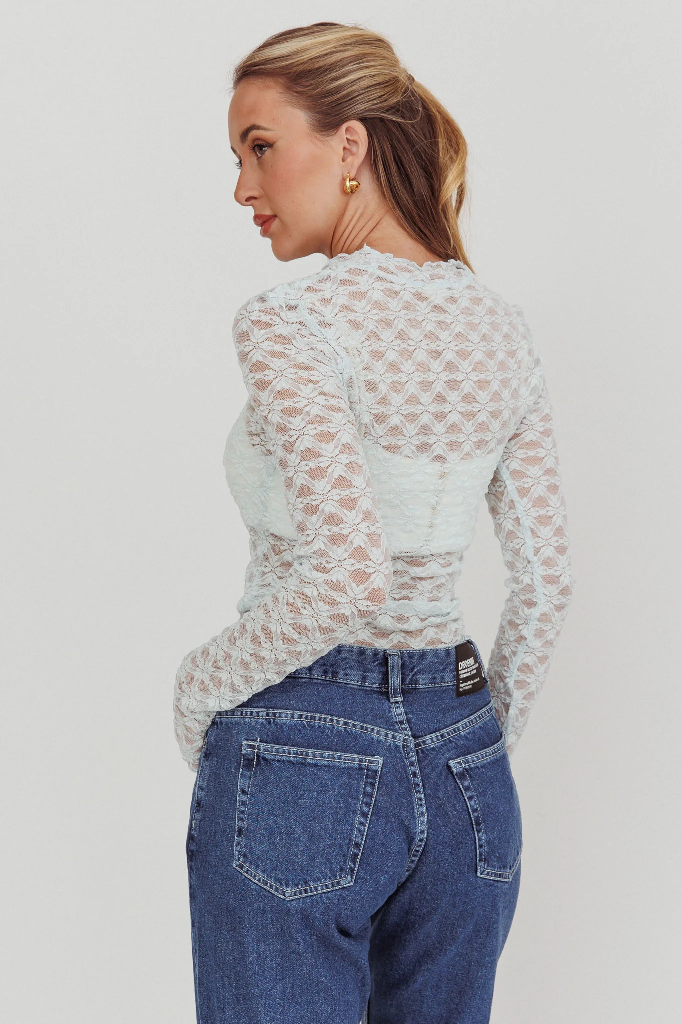 Not Shy Long Sleeve Lace Top Alice Blue