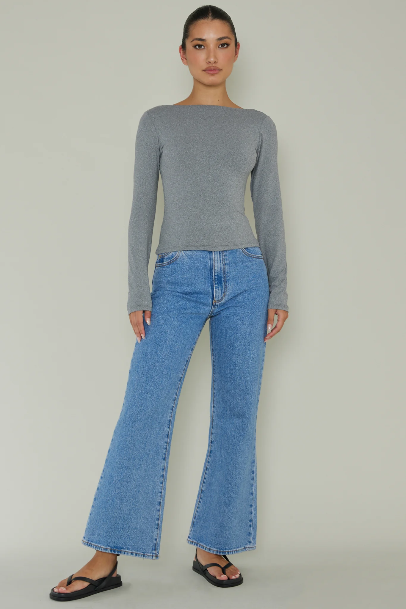 Cheers Boat Neck Long Sleeve Top Grey