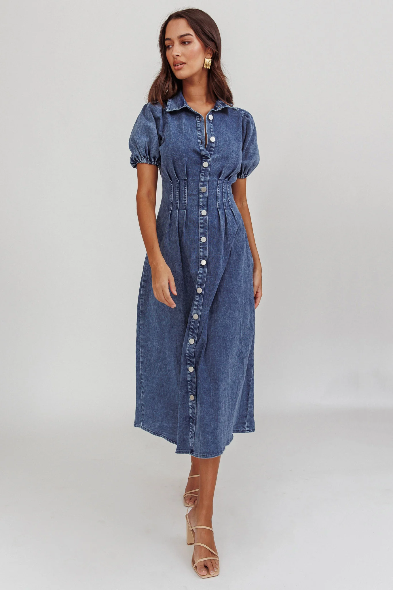 Zurich Pleated Waist Midi Dress Denim Dark Blue