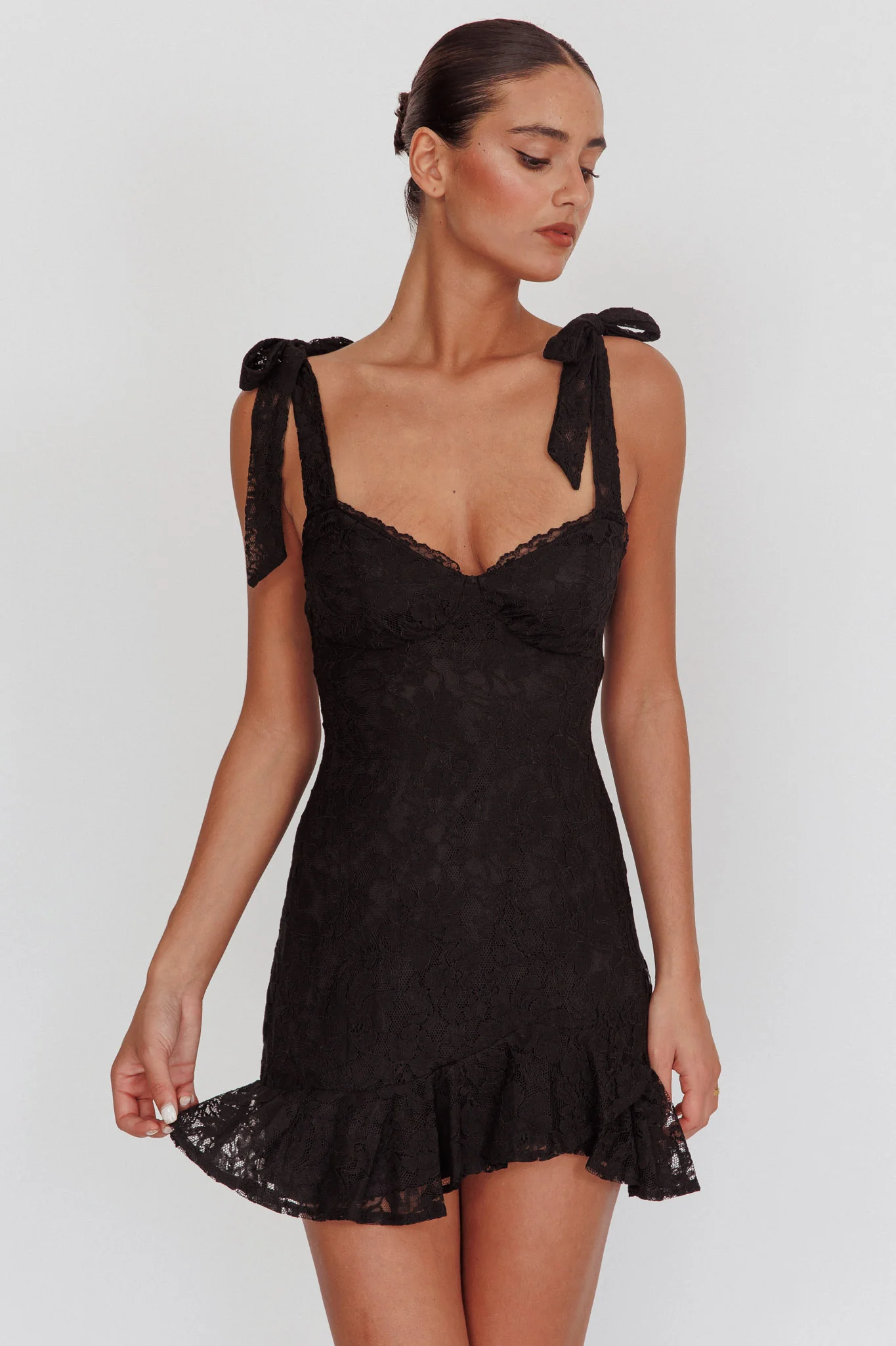 Emine Bow Shoulder Lace Mini Dress Black