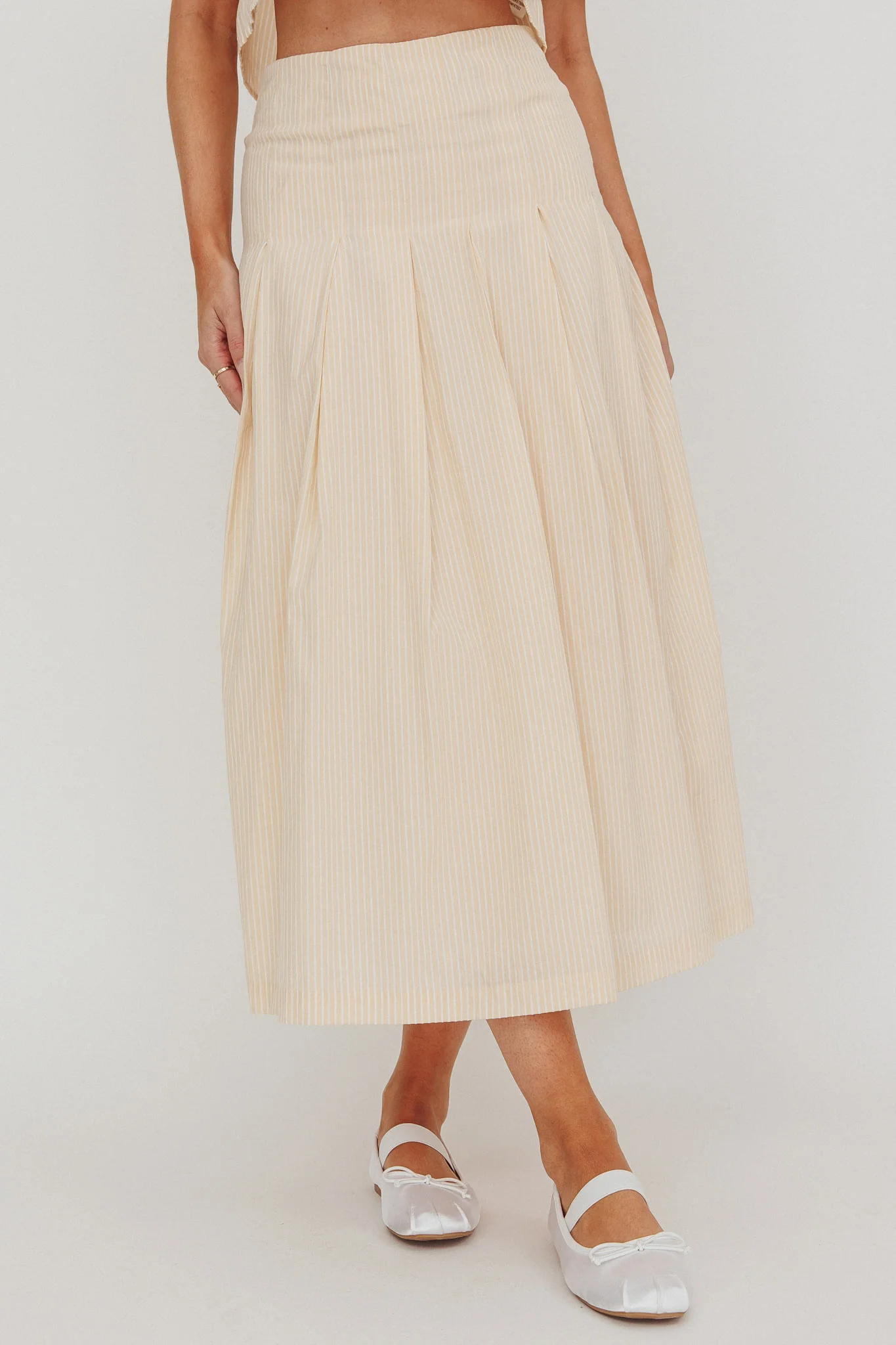 Zealous A-Line Striped Midi Skirt Beige/Off White