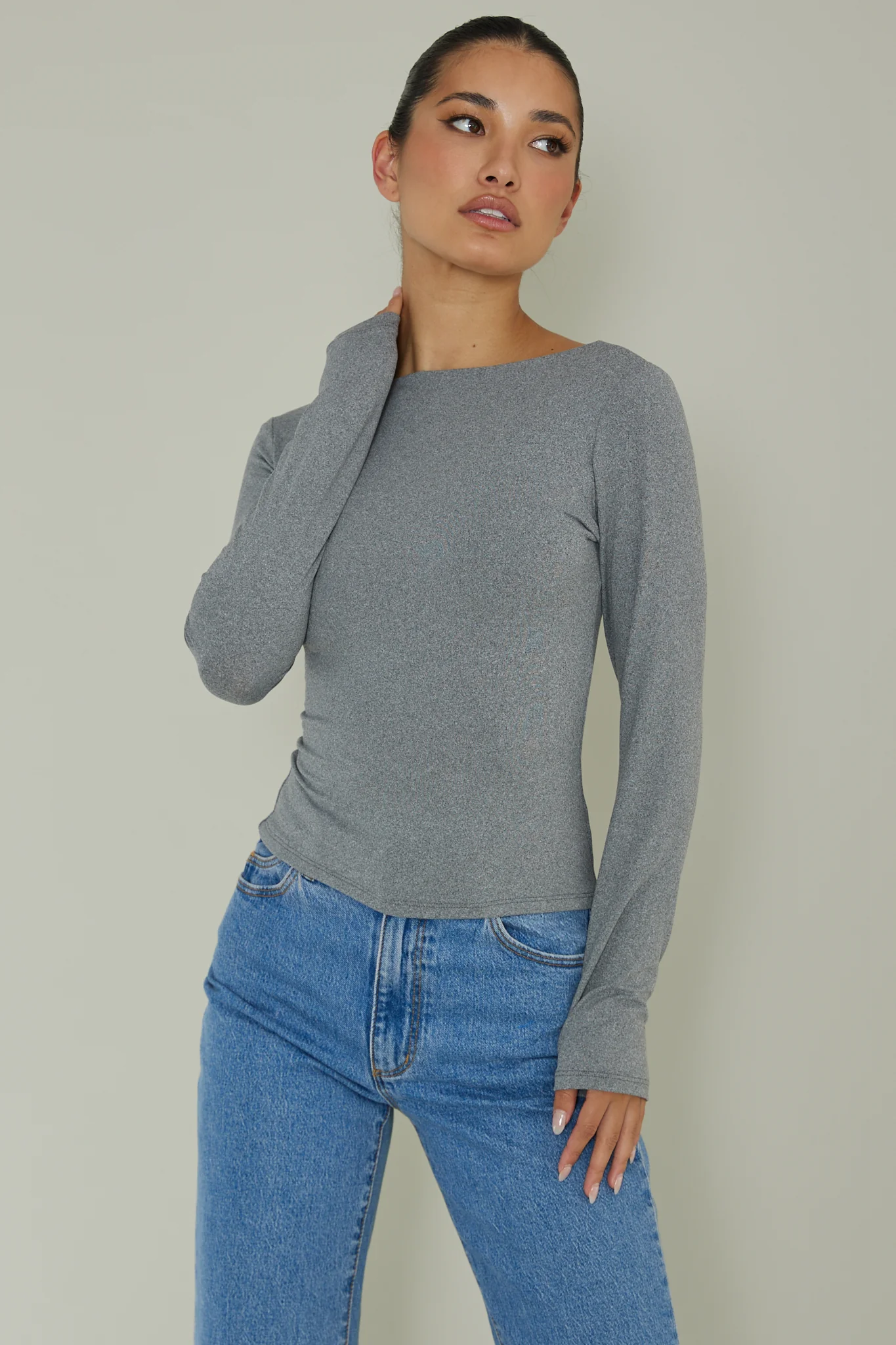 Cheers Boat Neck Long Sleeve Top Grey