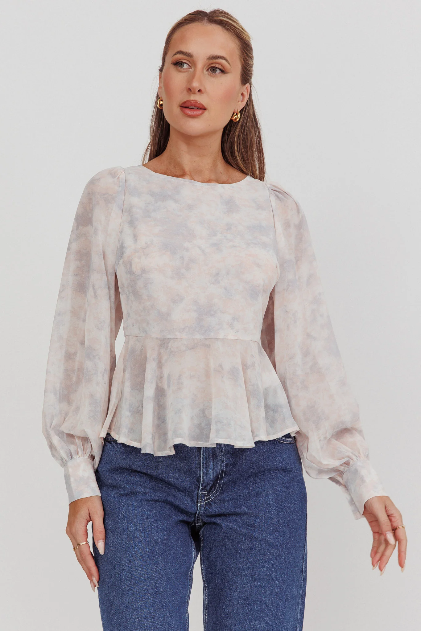 Helix Balloon Sleeves Peplum Top Dusty Blue/Peach