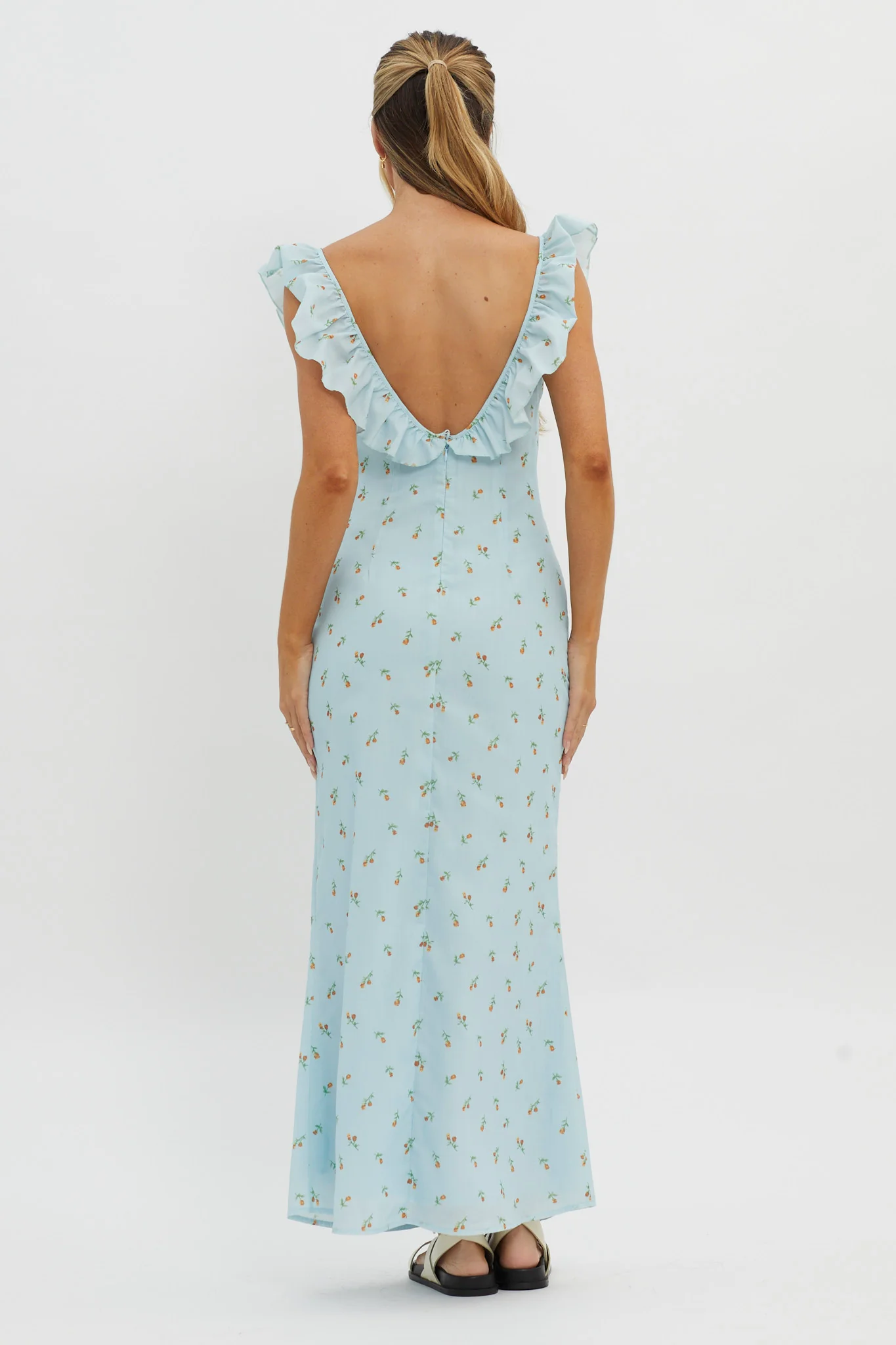 Merci Beaucoup Frill Neckline Maxi Dress Blue