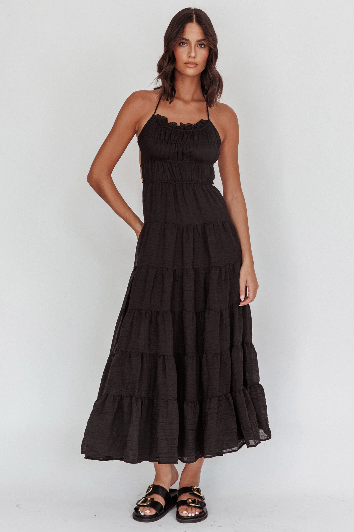 On A High Open Back Maxi Dress Black