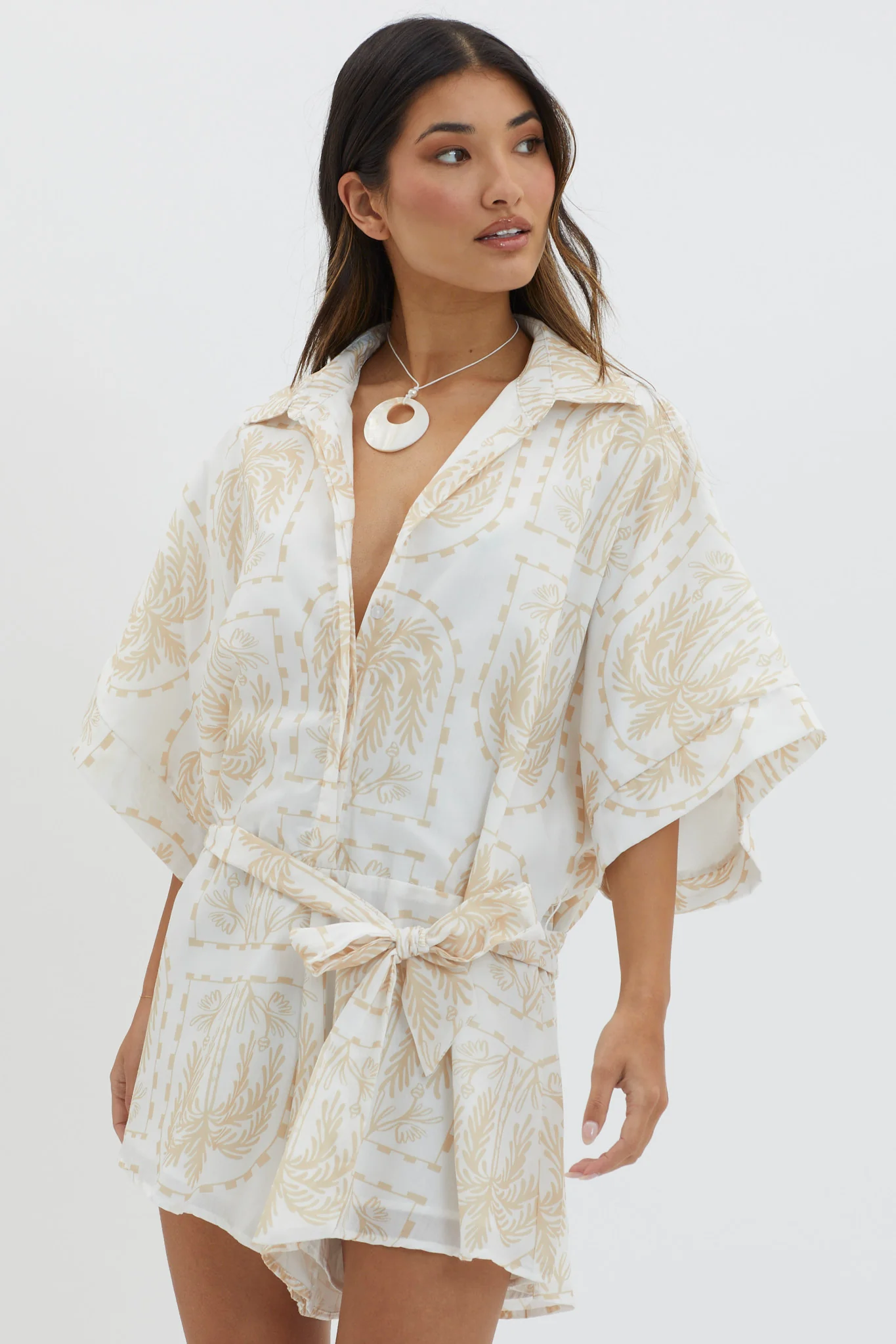 Daytona Beach Button-Up Romper Print Beige