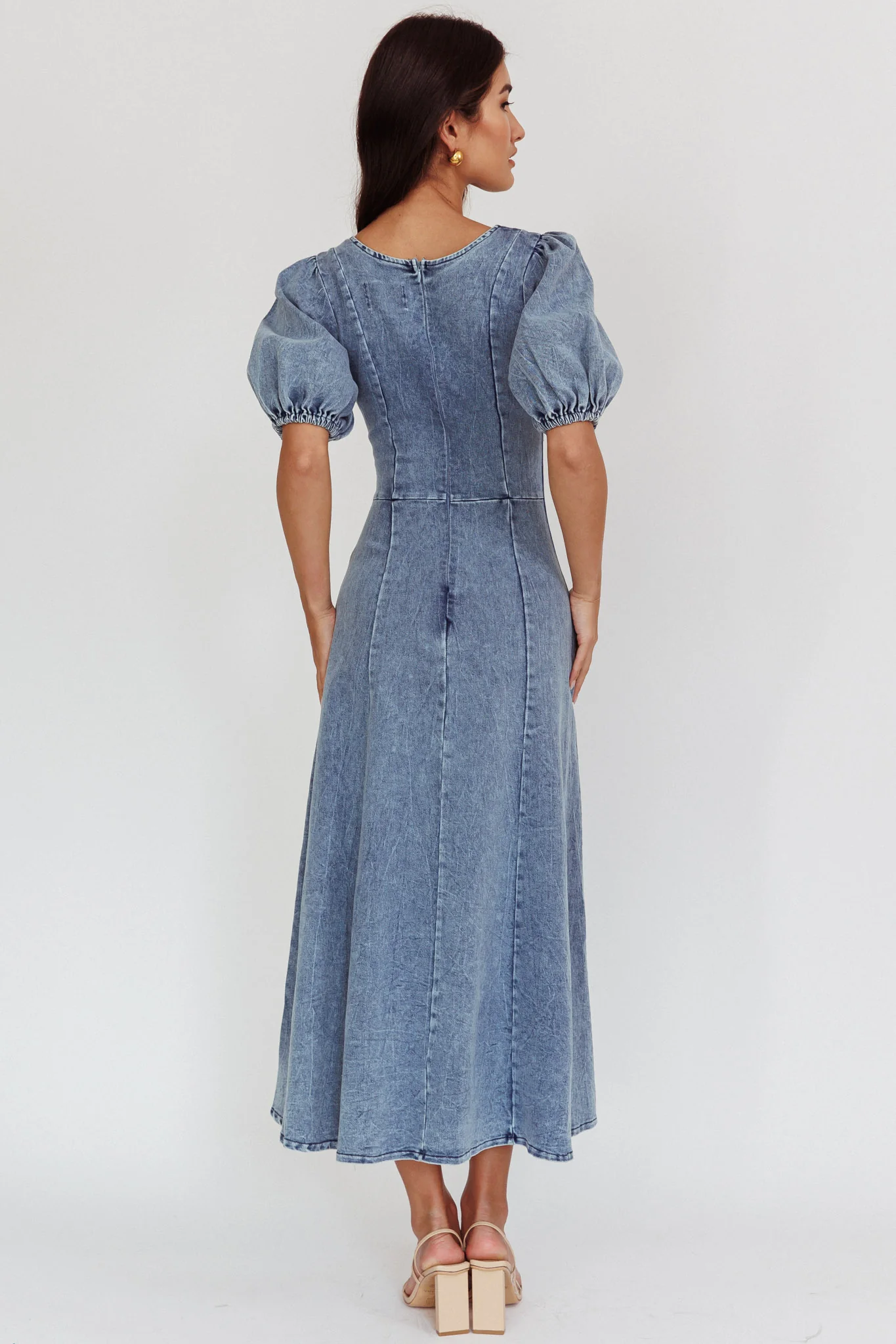 Morgane Puff Sleeve V-Neck Midi Dress Light Denim Blue