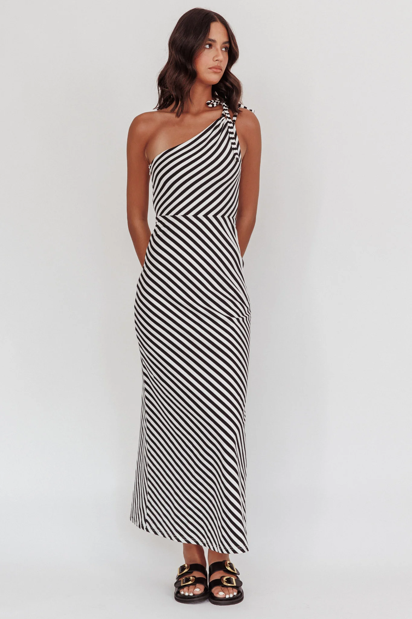 Ocean Road Tied One-Shoulder Maxi Dress Stripe Black