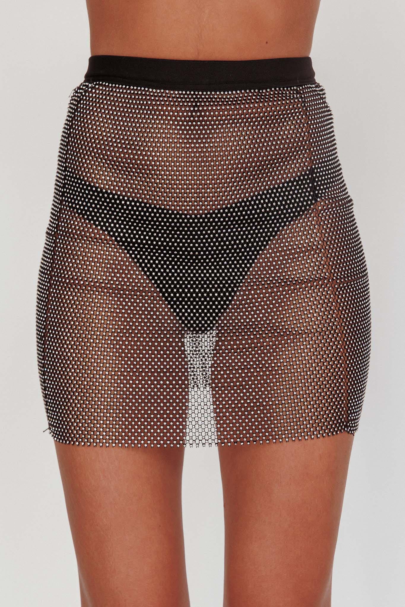 Glamazon Rhinestone Mesh Mini Skirt Black
