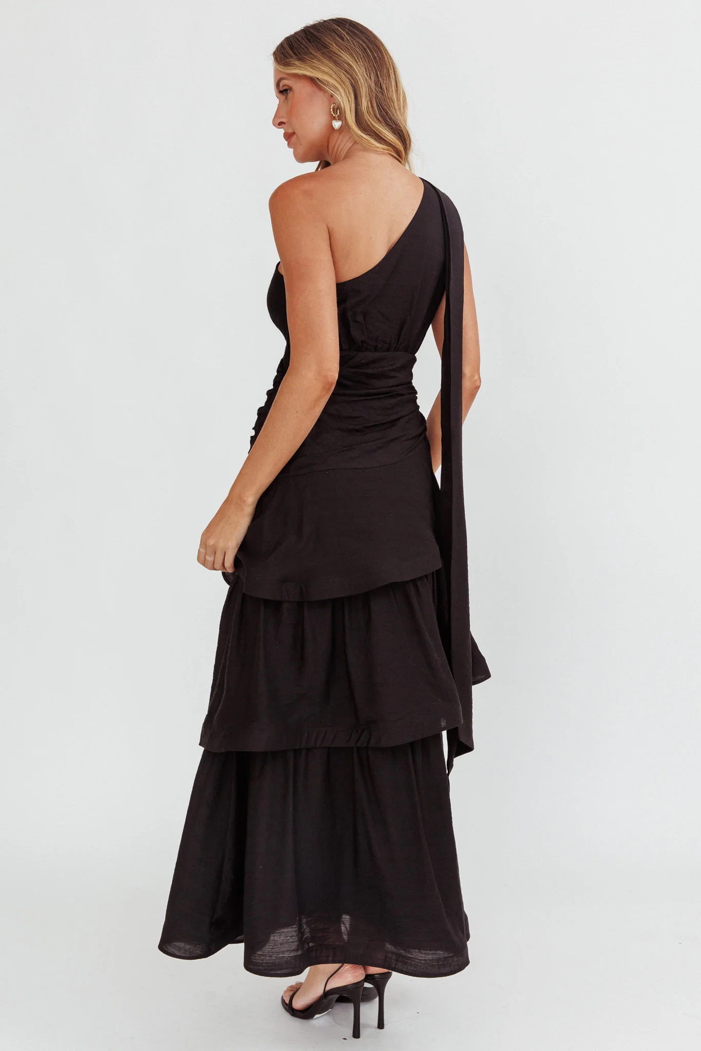 Kenny One Shoulder Tiered Maxi Dress Solid Black