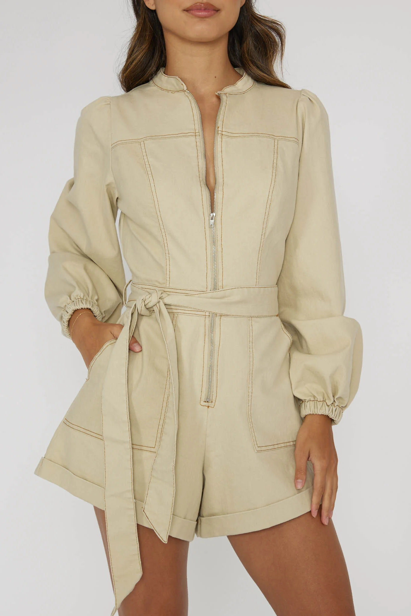 Real World Zip Front Romper Butter