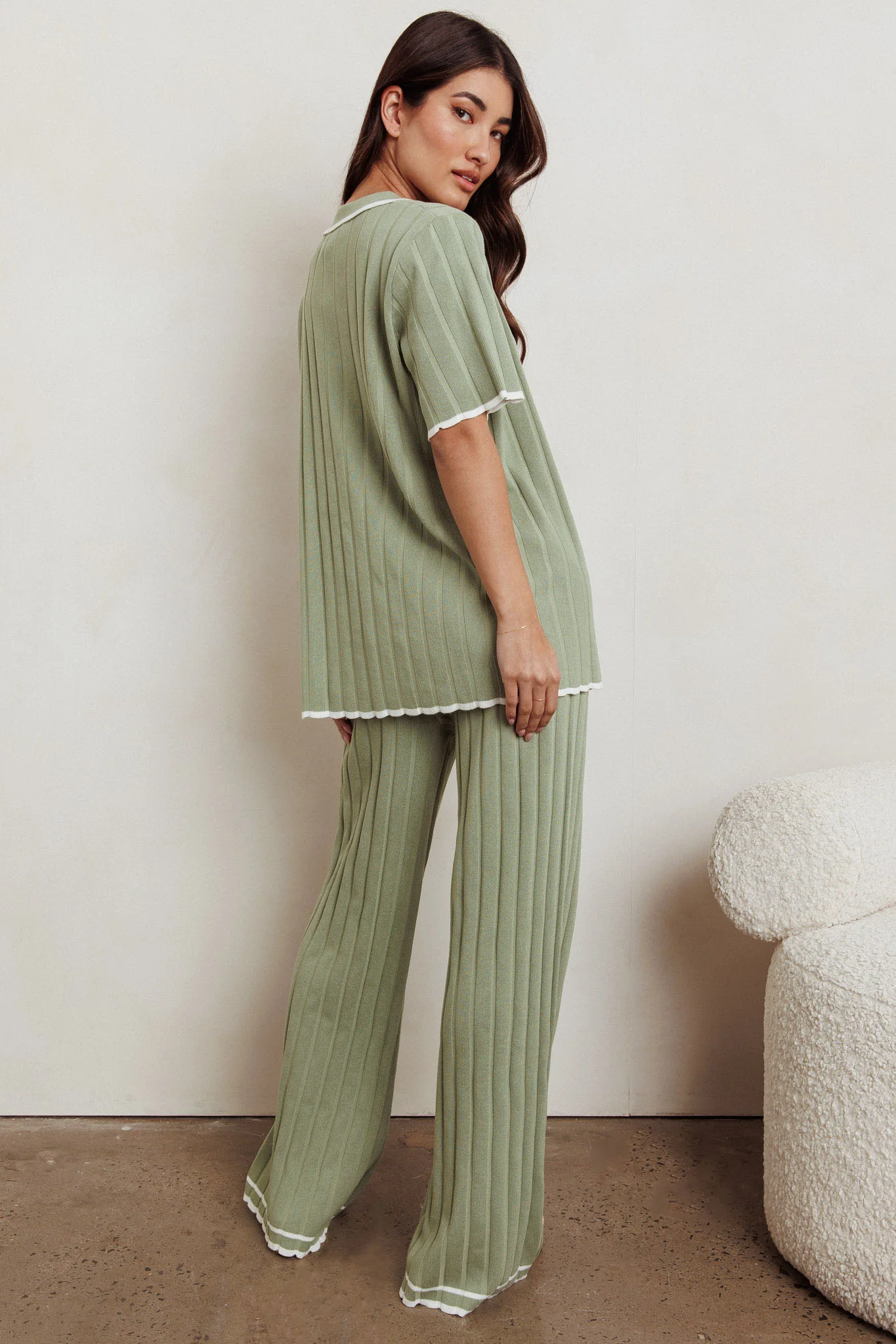 Liloh Contrast Ribbed Wide Leg Pant Sage